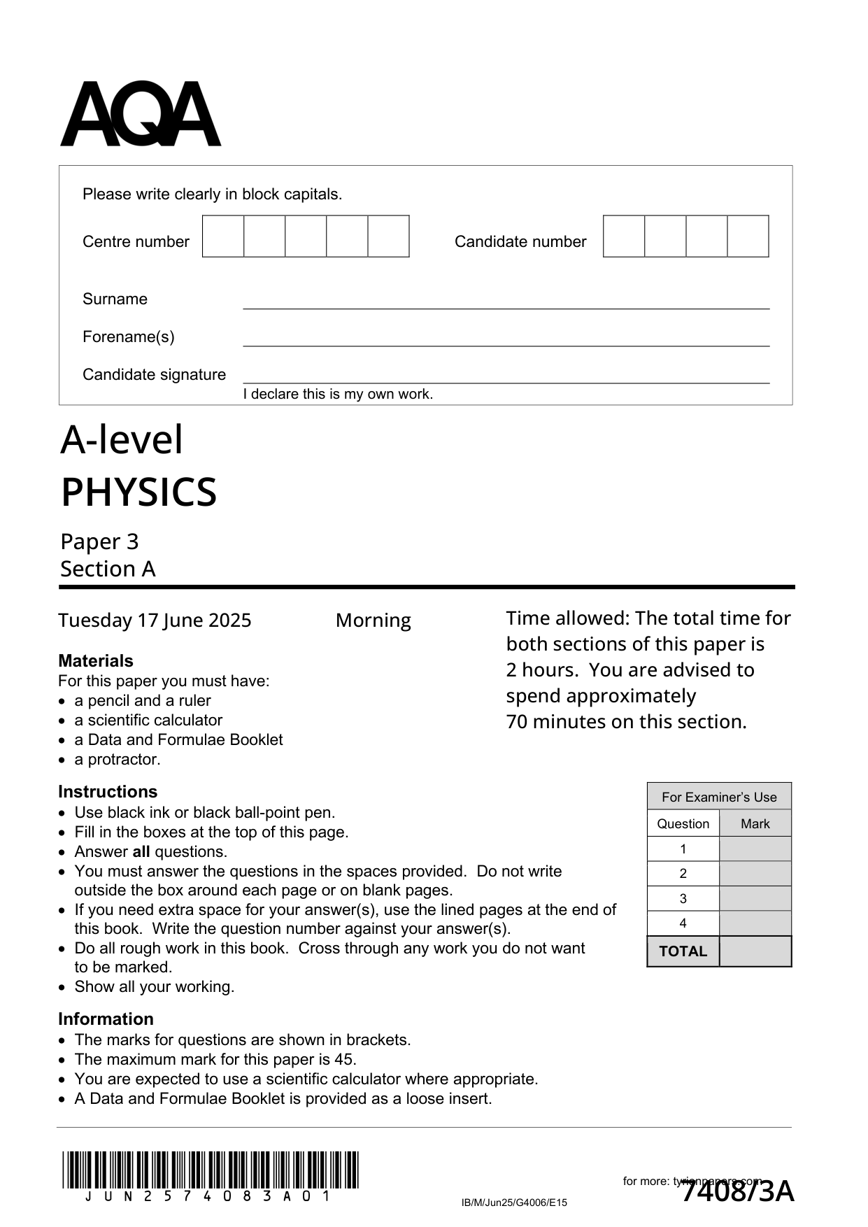 AQA A Level Physics 7408/3A Astrophysics 2025 Question Paper