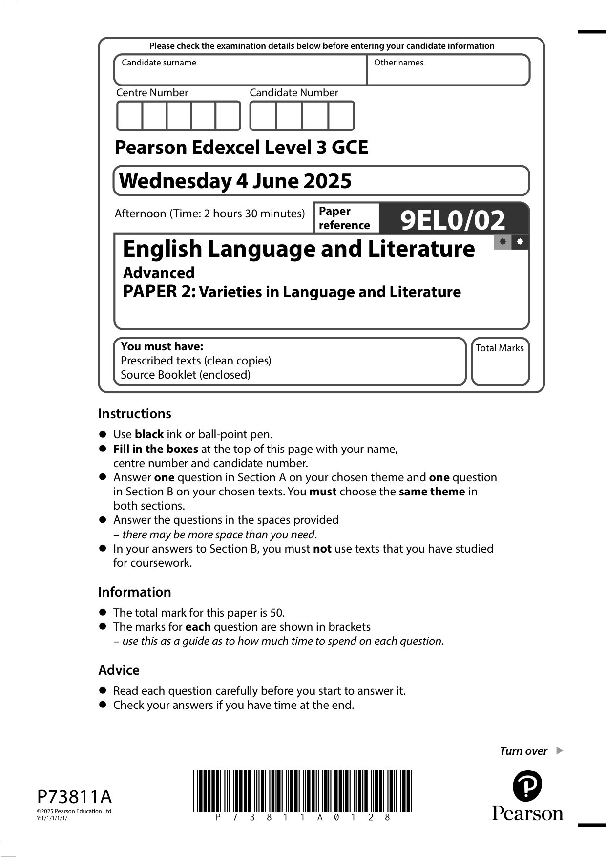 Pearson Edexcel A Level English Language and Literature QP2