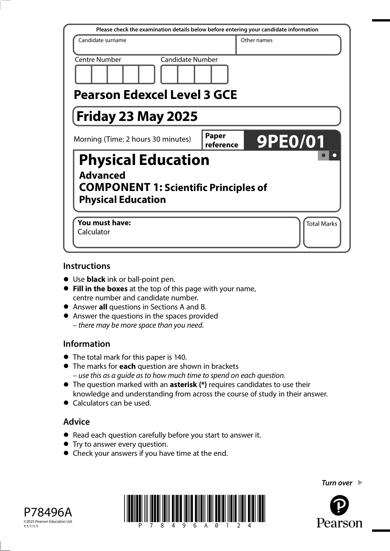 Pearson Edexcel A Level Physical Education Paper 1 2025 QP