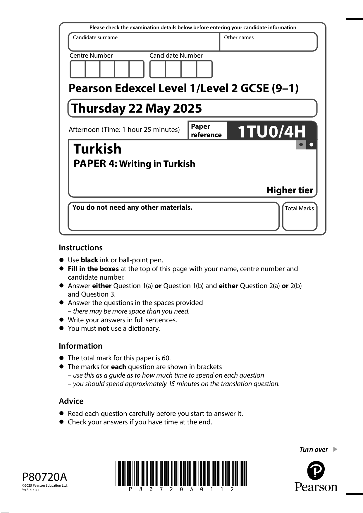 Pearson Edexcel GCSE Turkish Paper 4H 2025 Question Paper