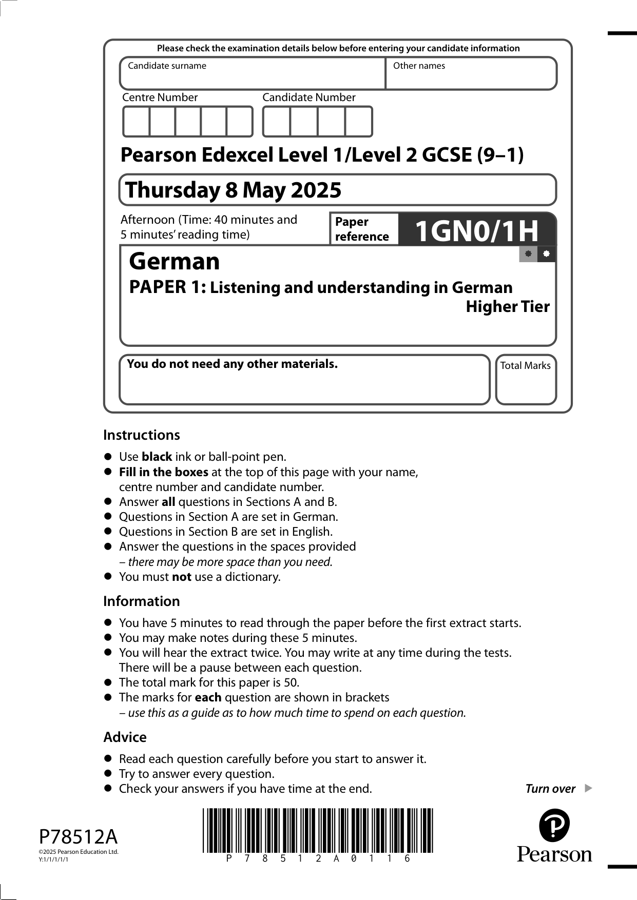 Pearson Edexcel GCSE German Paper 1 2025 Question Paper PDF