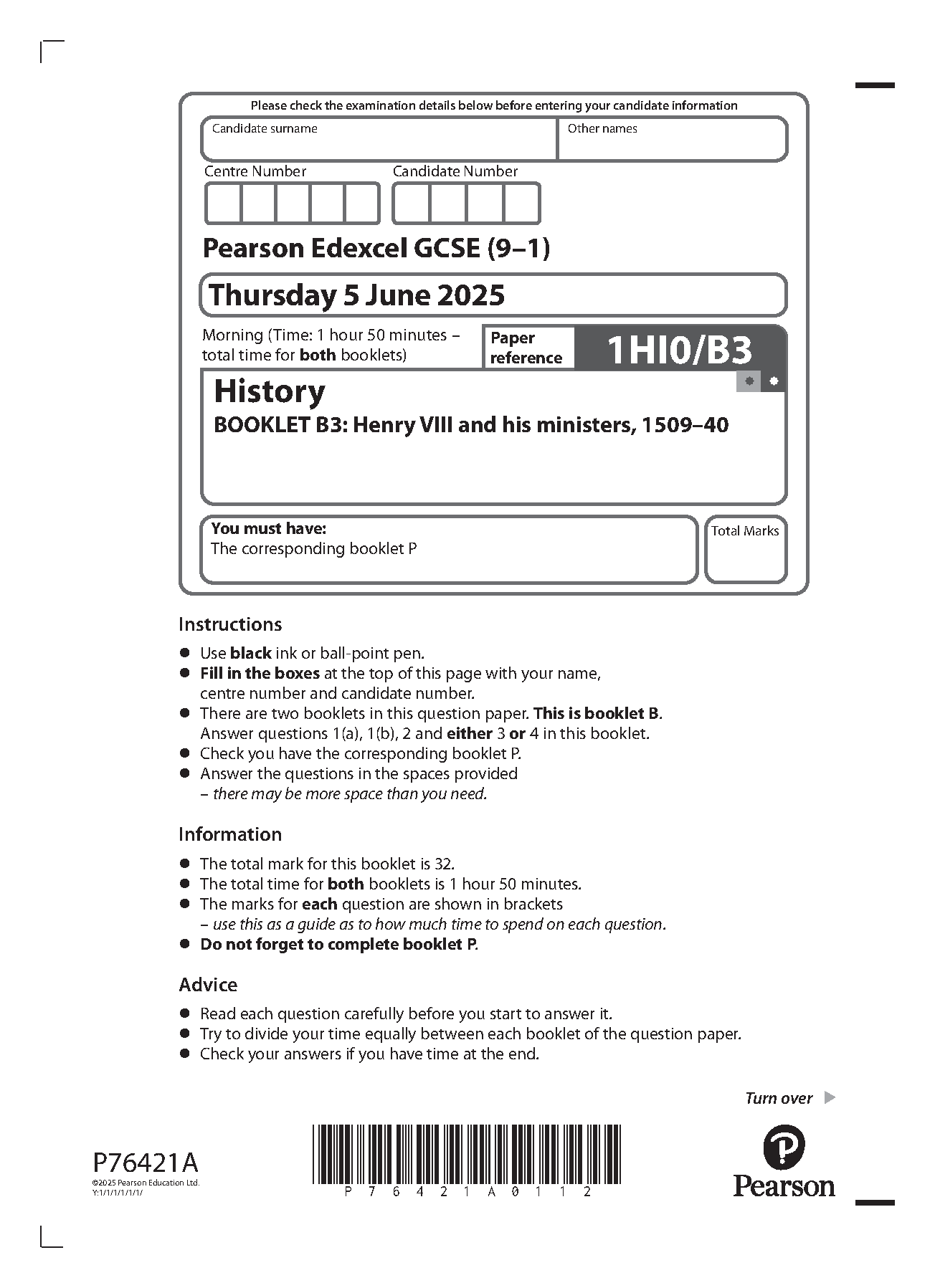Pearson Edexcel GCSE History Paper B3 2025 Question Paper IMG-1