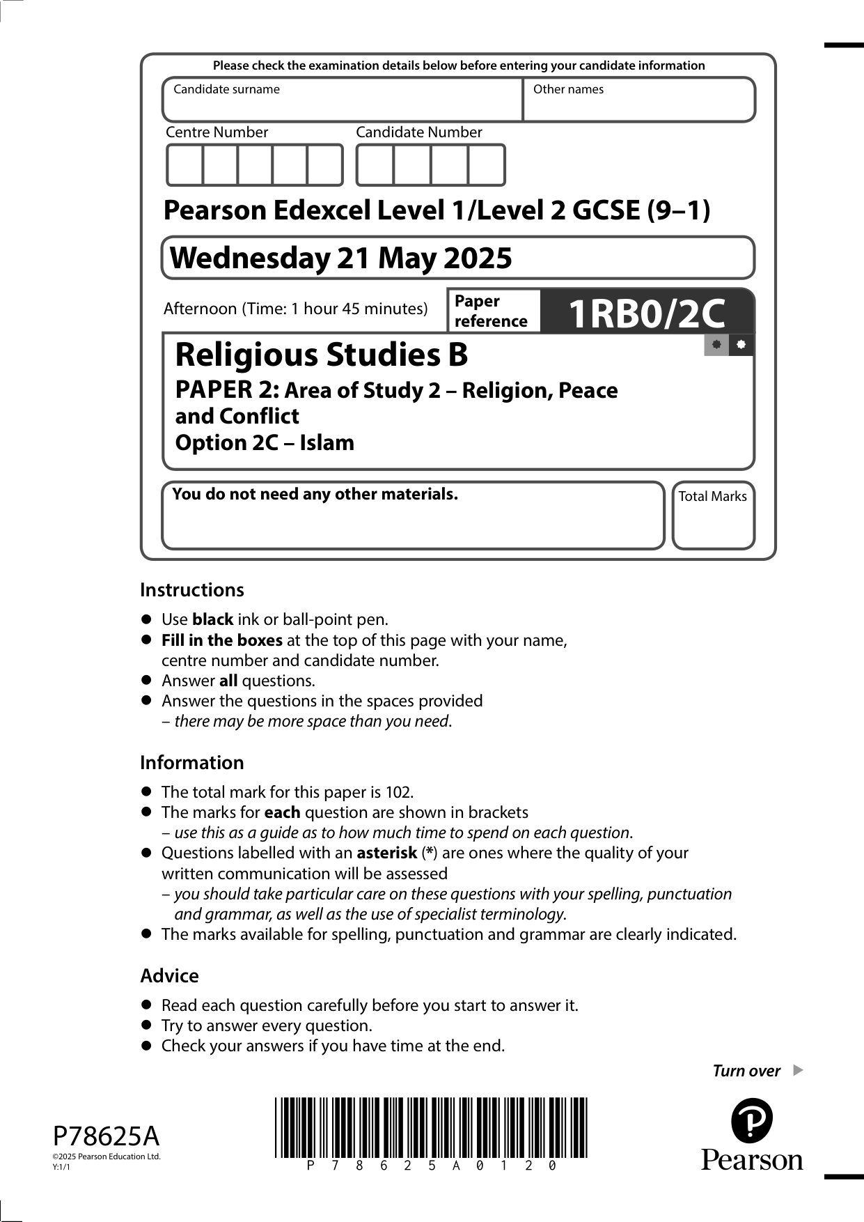 Pearson Edexcel GCSE Religious Studies B Paper 2C 2025 QP