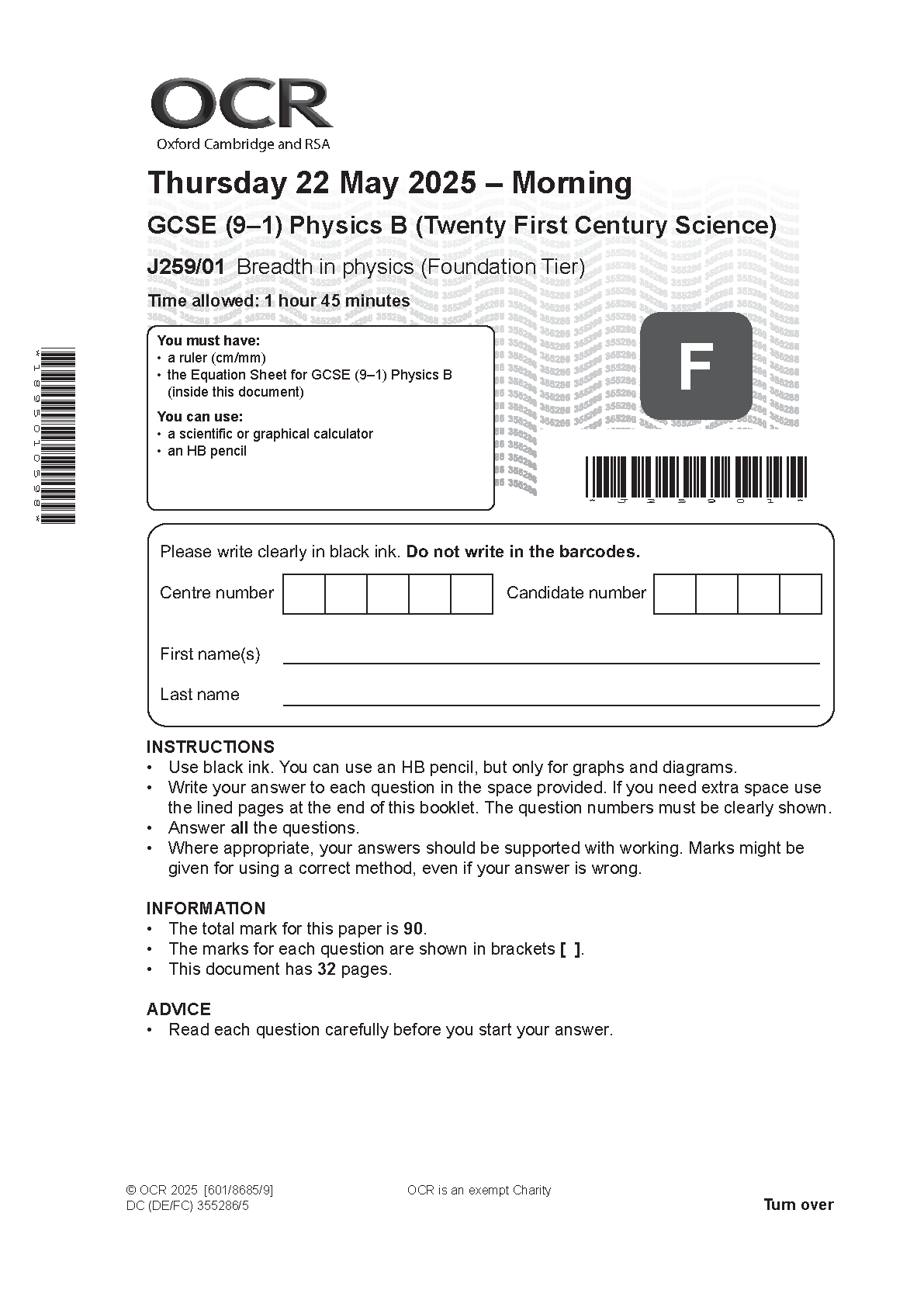 OCR GCSE Physics B Paper 1 2025 Question Paper