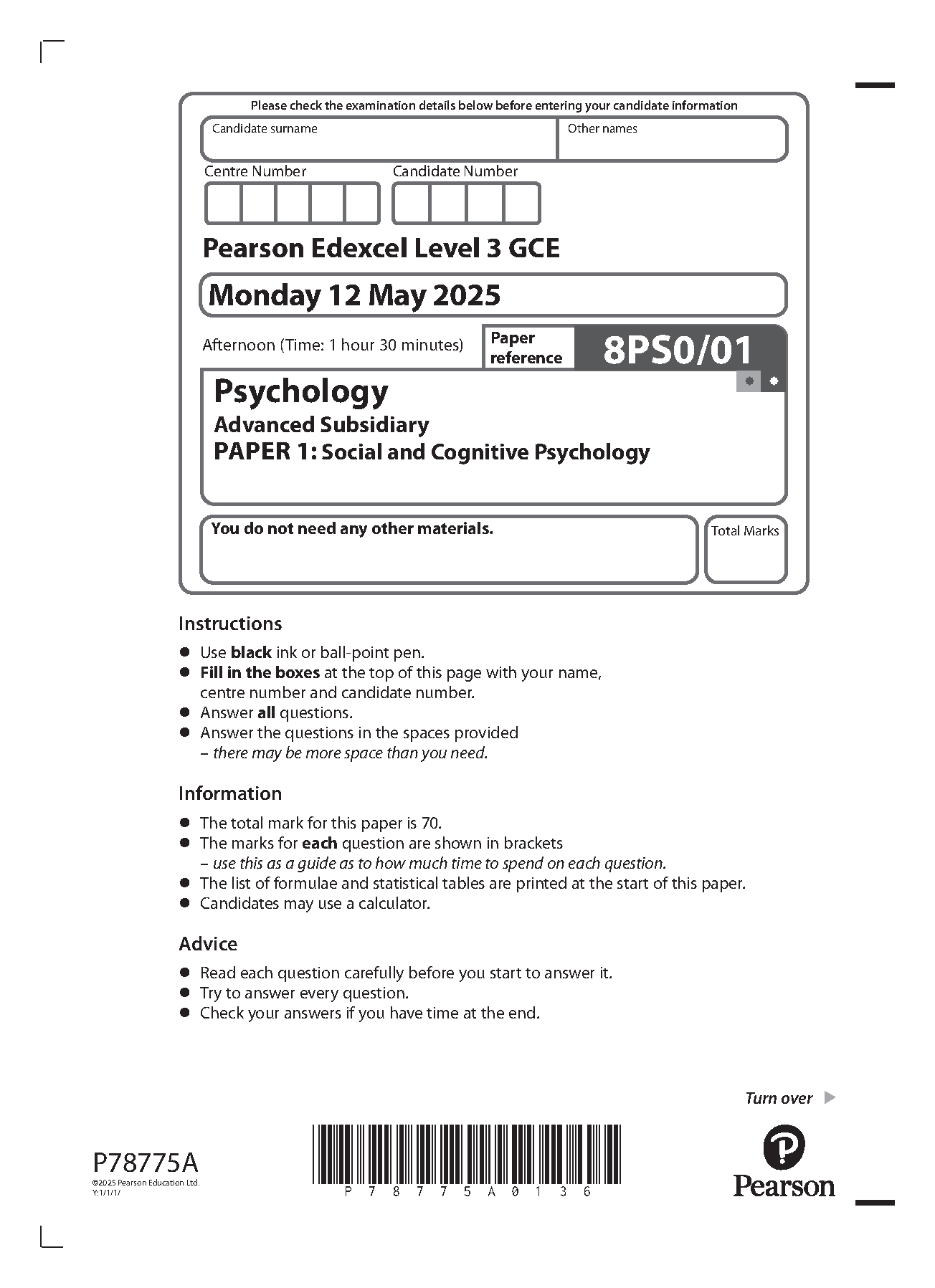 Pearson Edexcel AS Psychology Paper 1 2025 Question Paper IMG-1