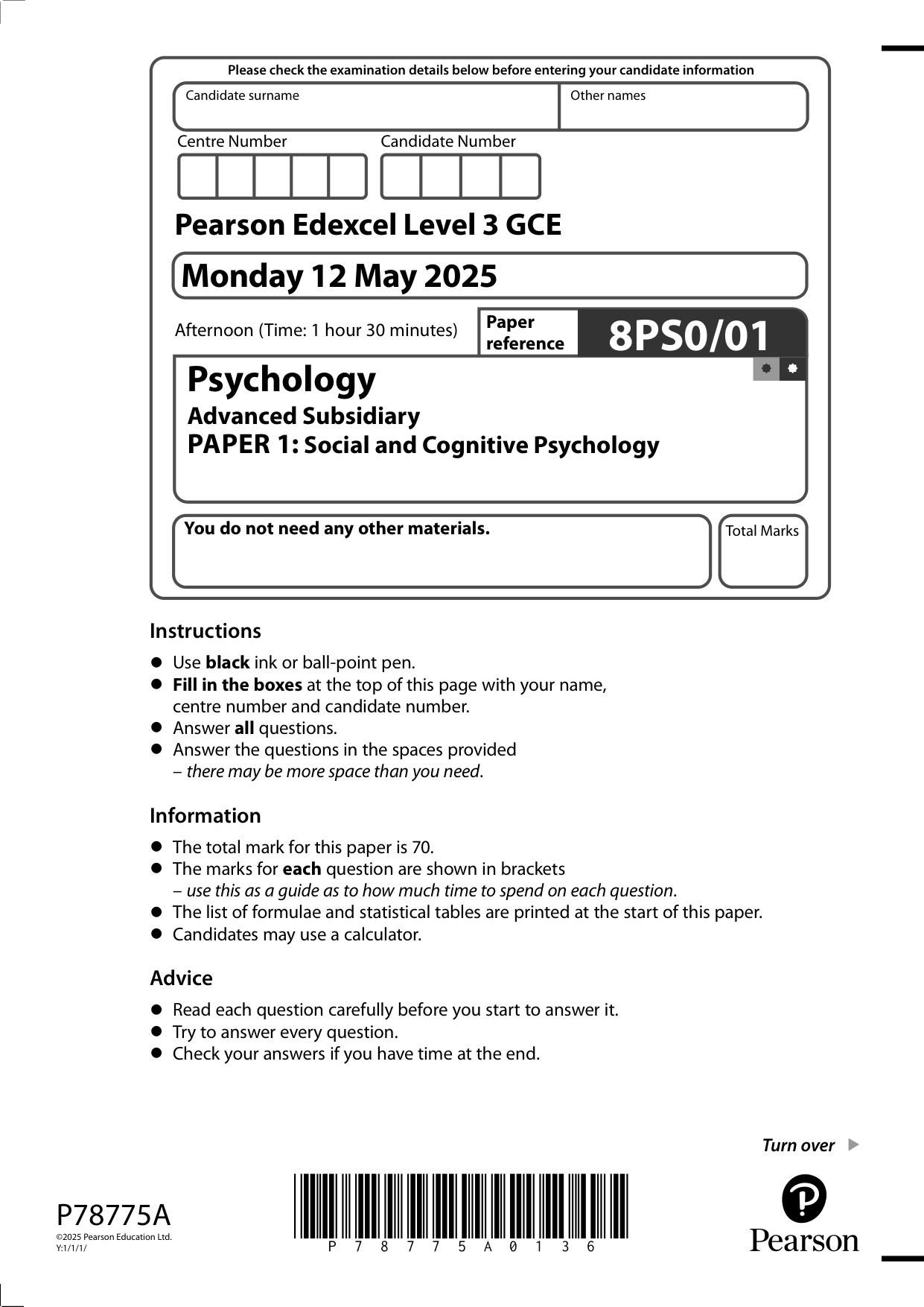 Pearson Edexcel AS Psychology Paper 1 2025 Question Paper