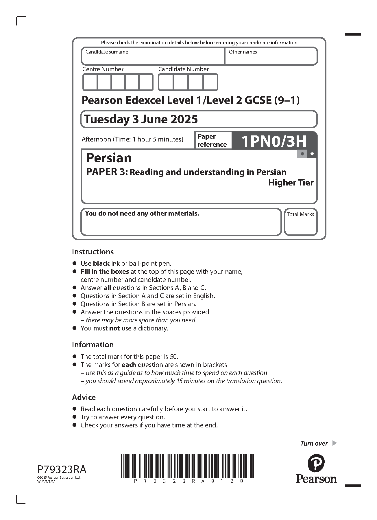 Pearson Edexcel GCSE Persian Paper 3h 2025 Question Paper IMG-1