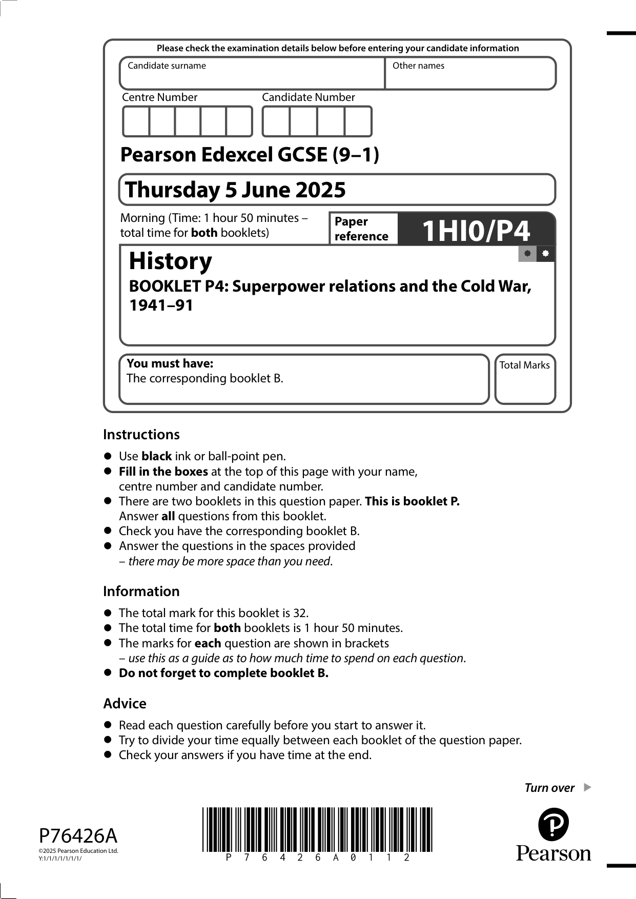 Pearson Edexcel GCSE History Paper P4 2025 Question Paper