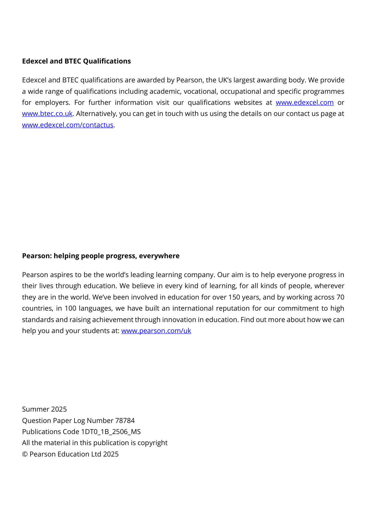 Pearson Edexcel GCSE Design and Technology Paper 1b 2025 MS