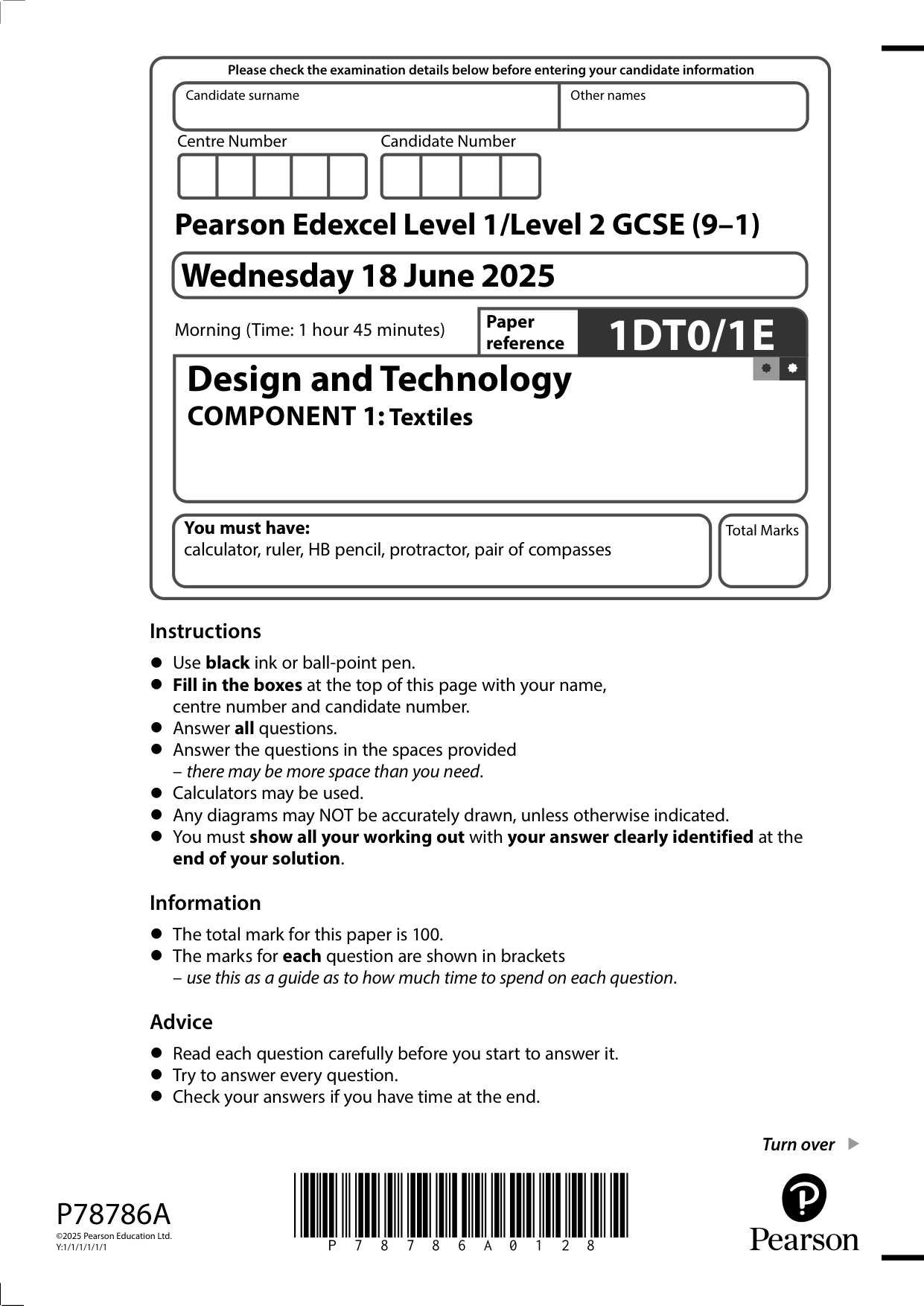 Pearson Edexcel GCSE Design and Technology Paper 1E 2025 QP