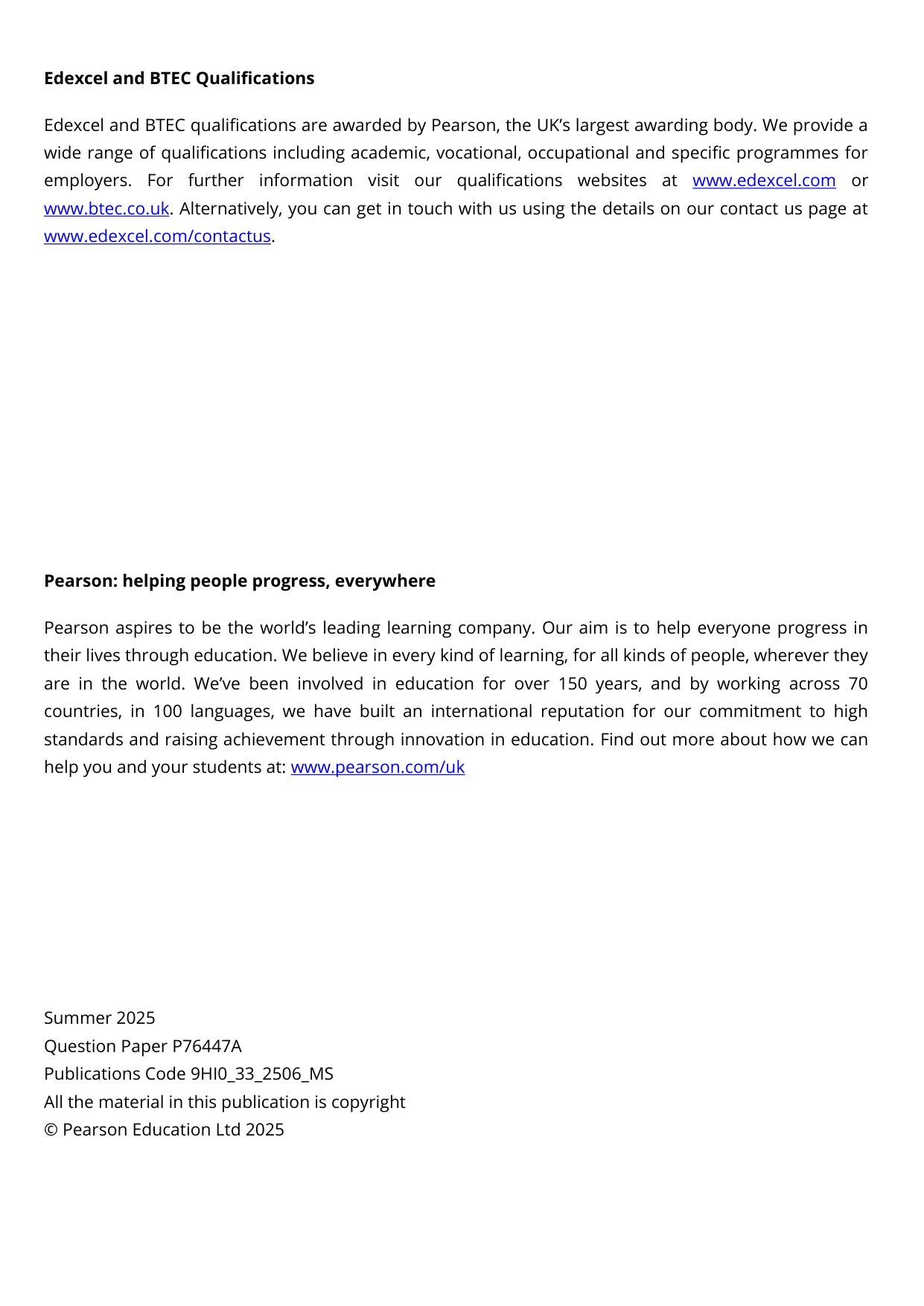 Pearson Edexcel A Level History Paper 33 2025 Mark Scheme