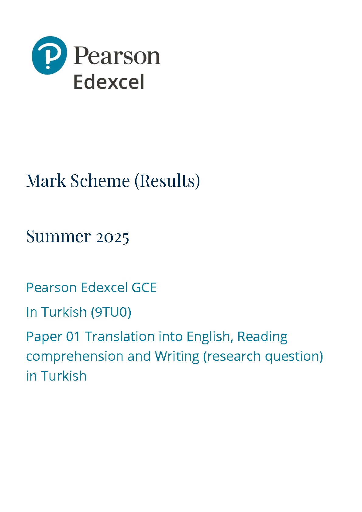 Pearson Edexcel A Level Turkish Paper 1 2025 Mark Scheme IMG-1
