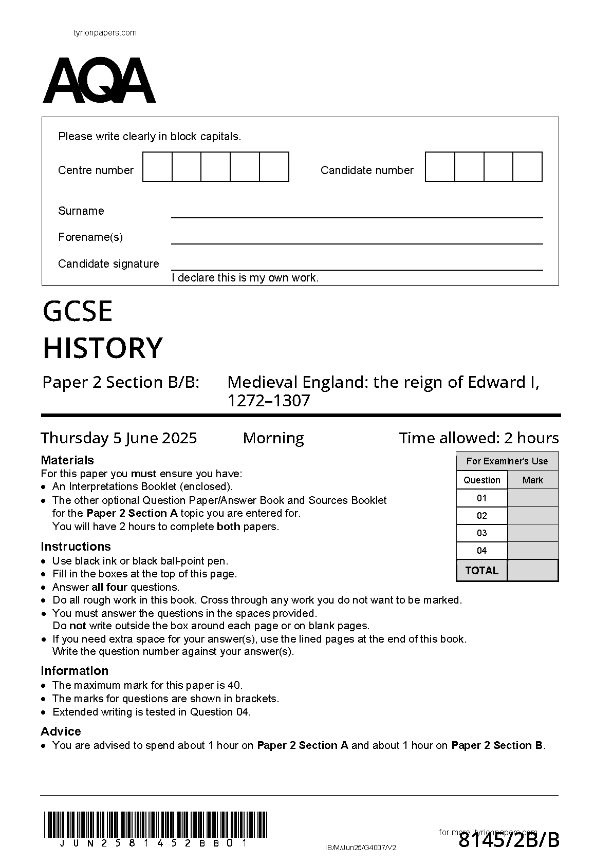 AQA GCSE History Paper 2B Section B/B 2025 Question Paper IMG-1