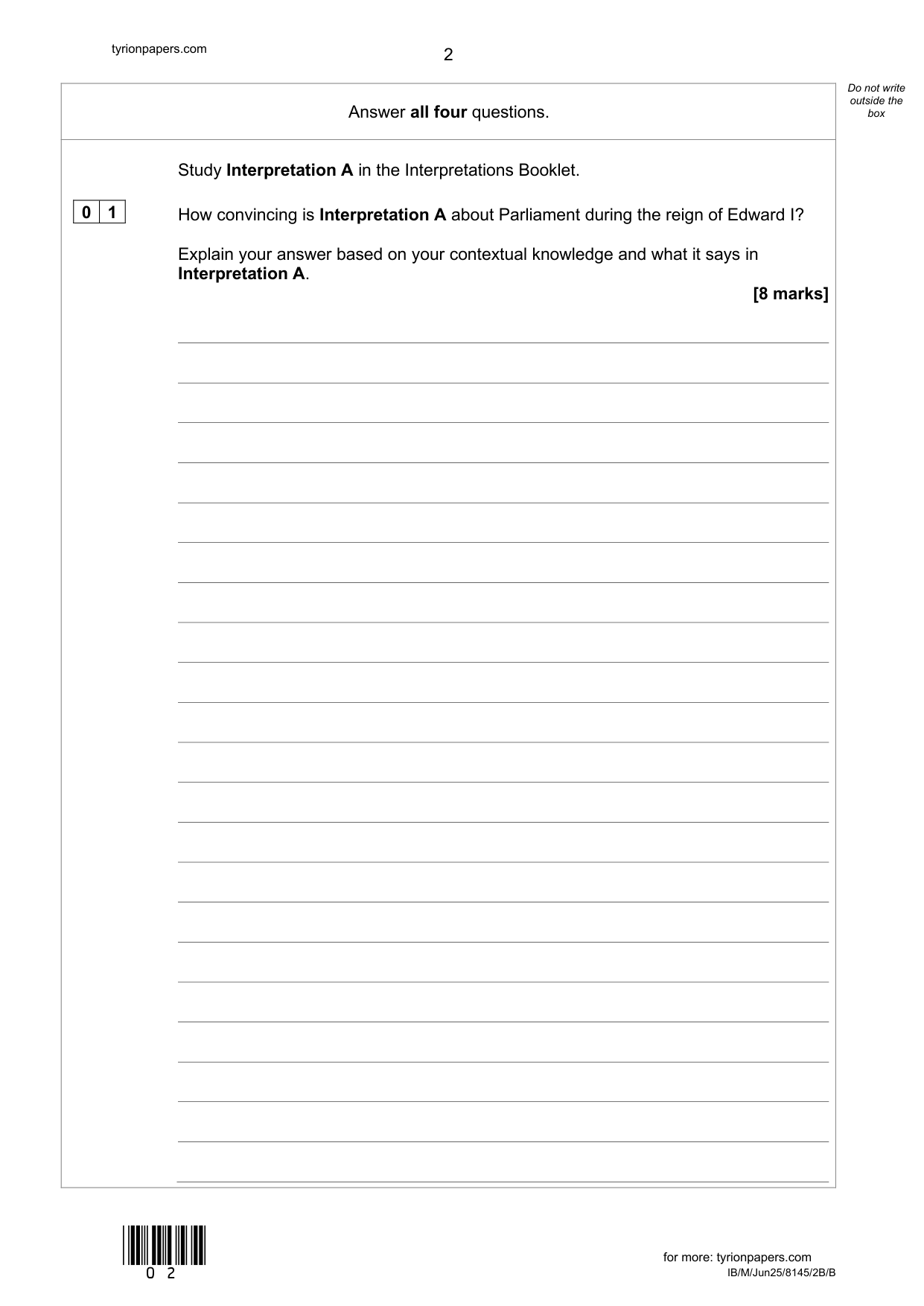 AQA GCSE History Paper 2B Section B/B 2025 Question Paper