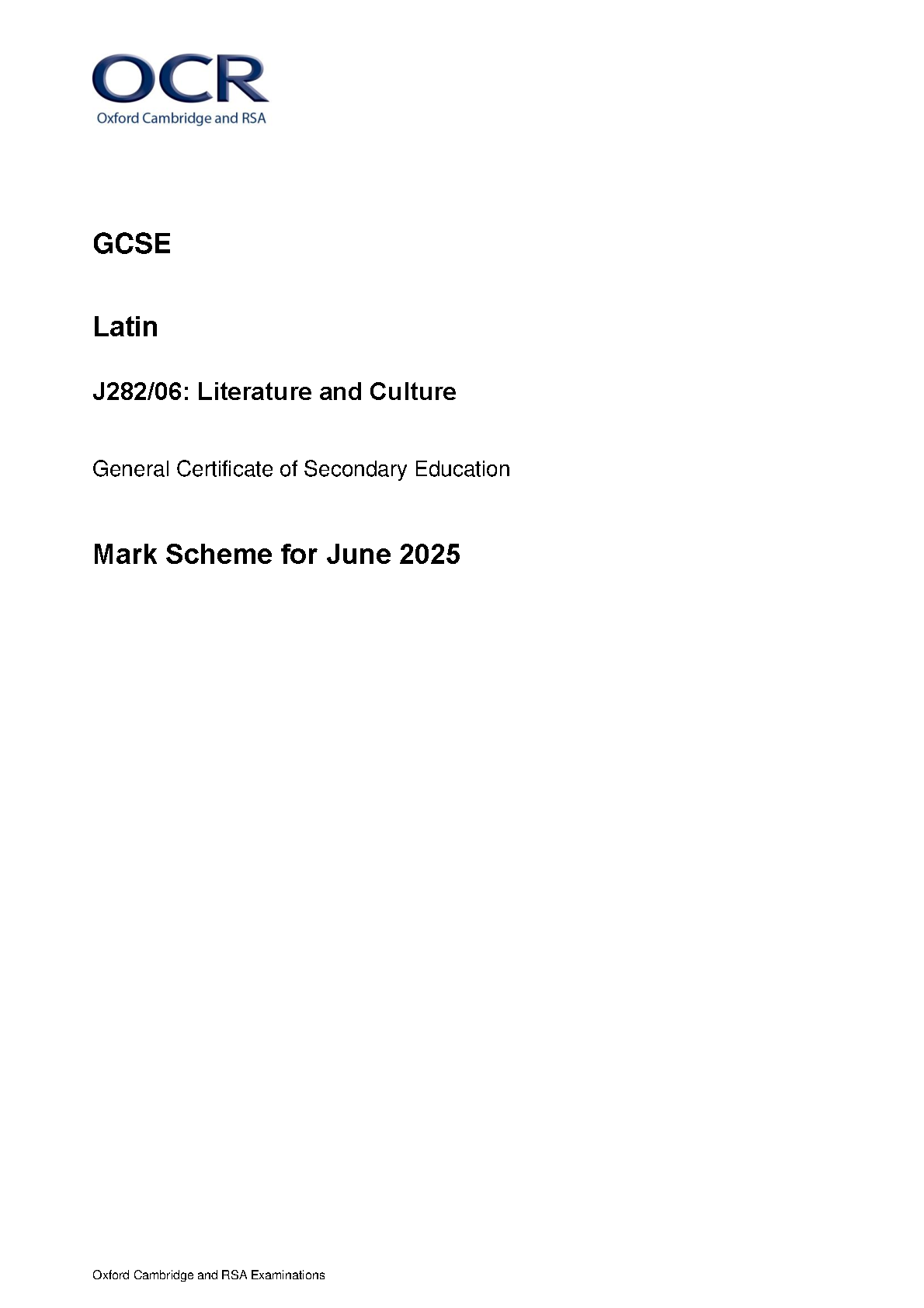 OCR GCSE Latin Paper 6 2025 Mark Scheme PDF