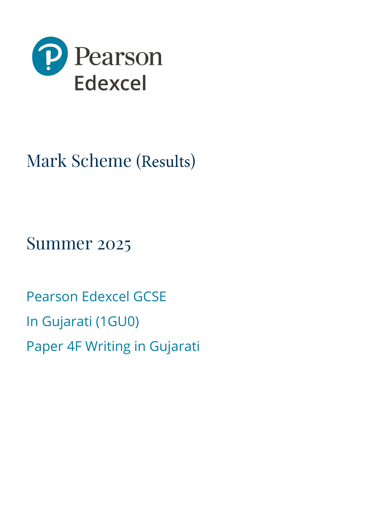 Pearson Edexcel GCSE Gujarati Paper 4F 2025 Mark Scheme PDF