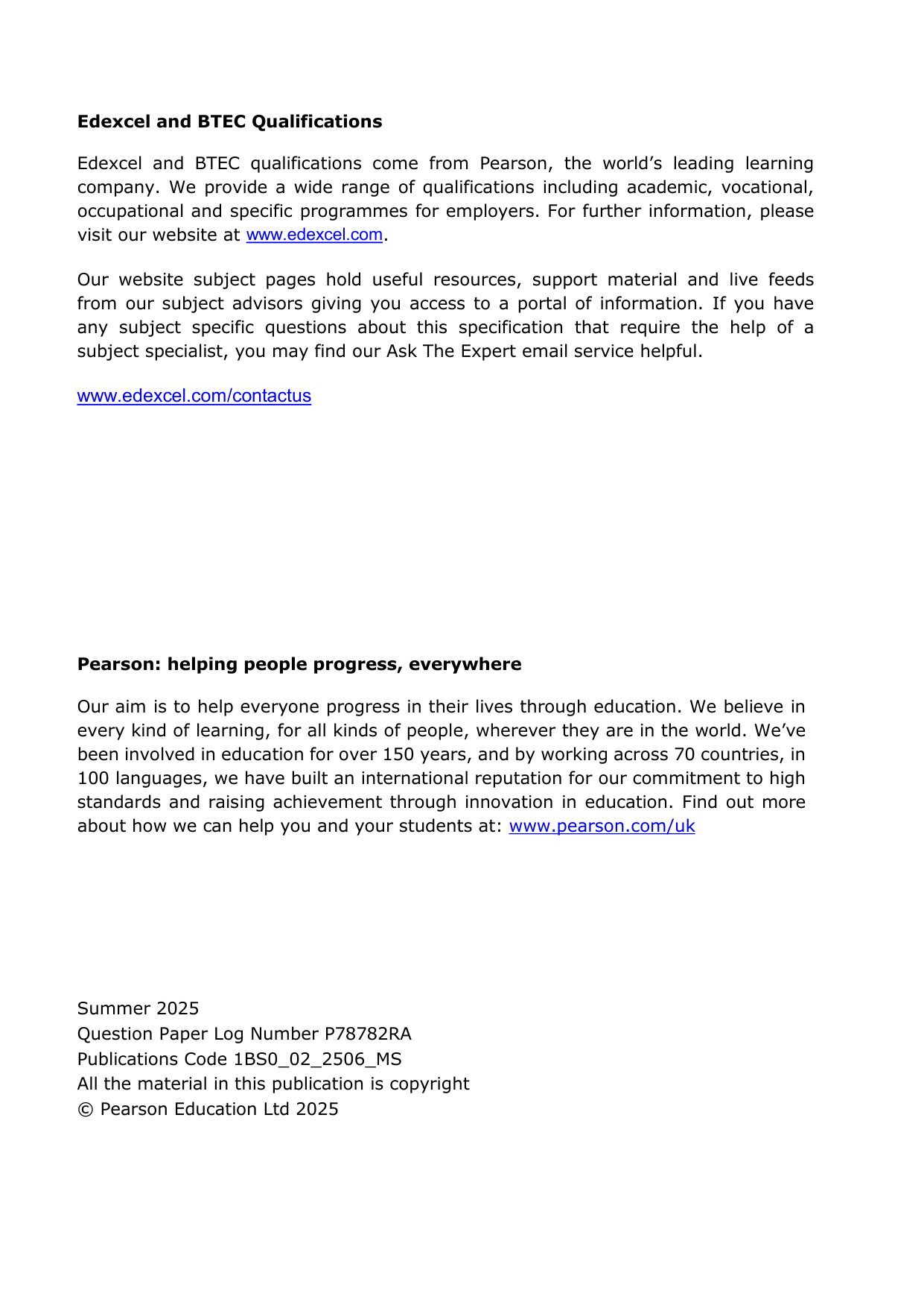 Pearson Edexcel GCSE Business Paper 2 2025 Mark Scheme