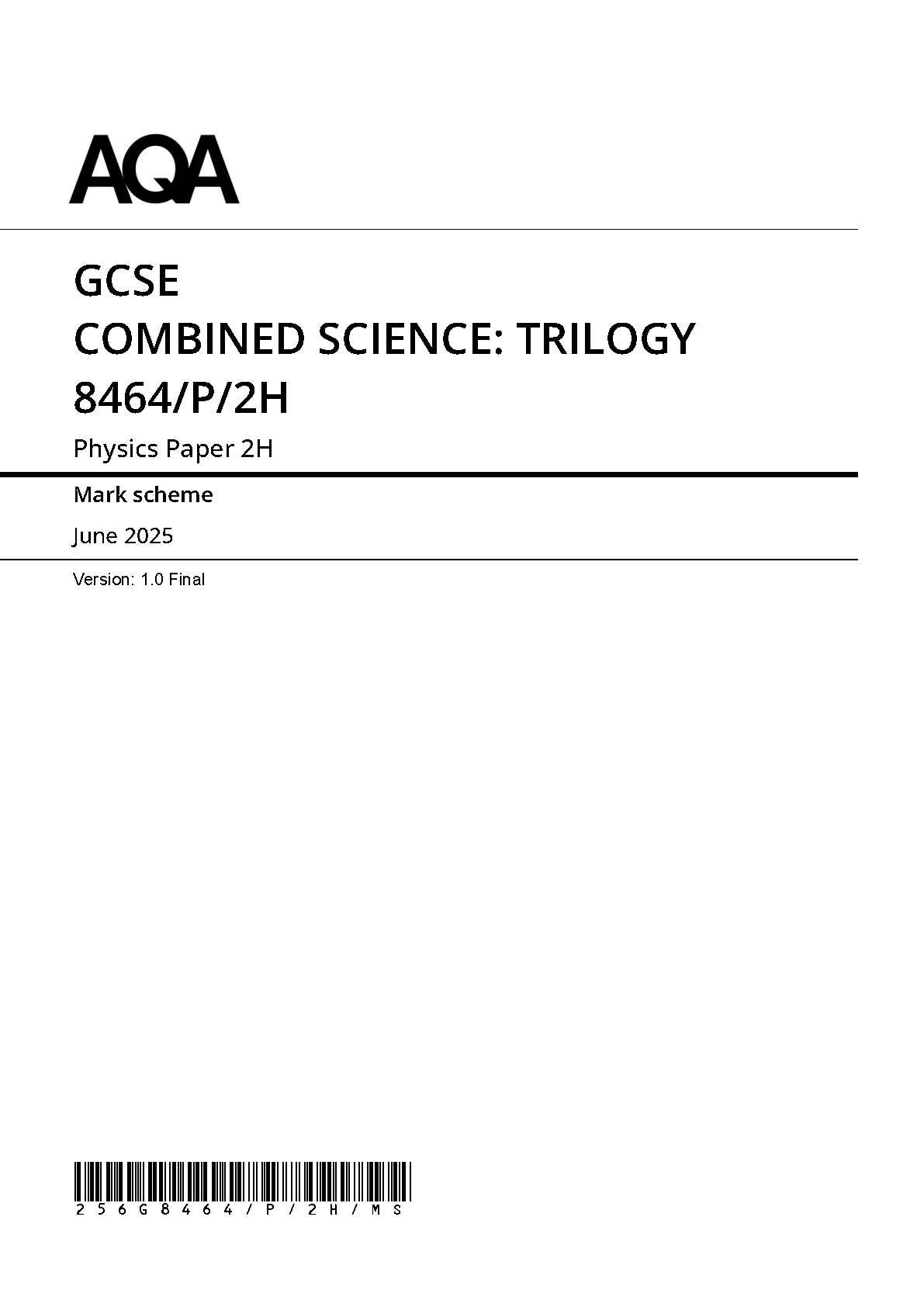 AQA GCSE Trilogy Physics 2H 2025 Mark Scheme PDF