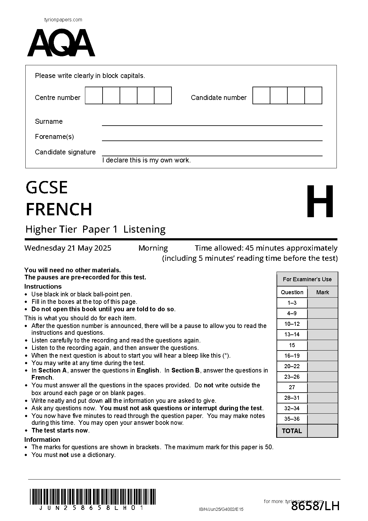 AQA GCSE French LH 2025 Listening Paper PDF IMG-1