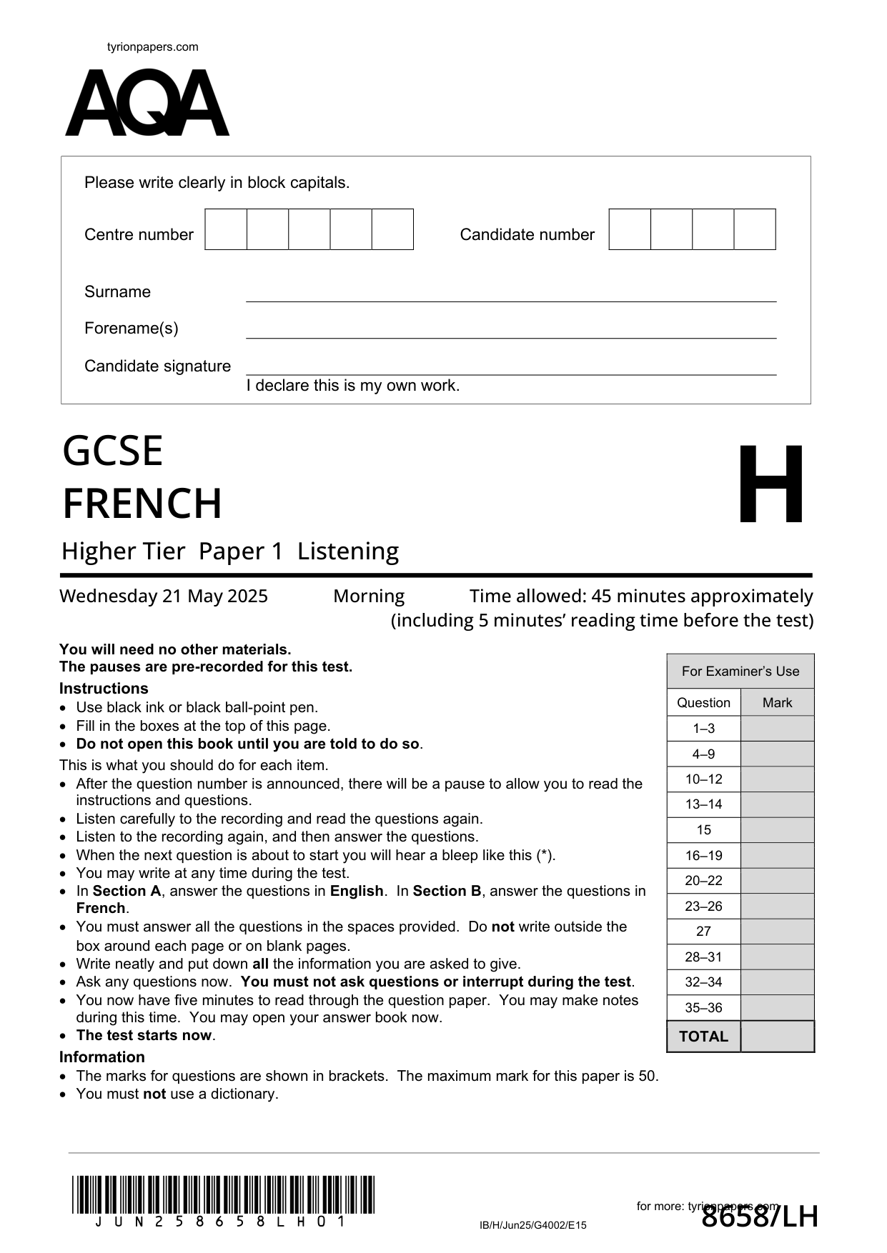 AQA GCSE French LH 2025 Listening Paper PDF