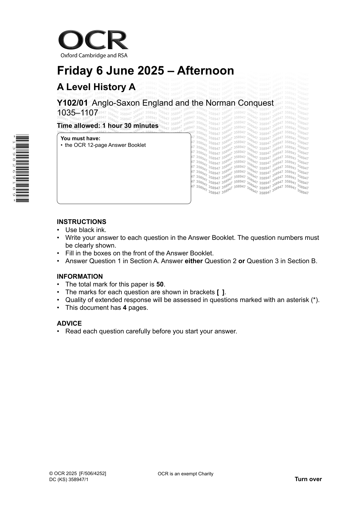 OCR A Level History A AngloSaxon England 2025 Question Paper