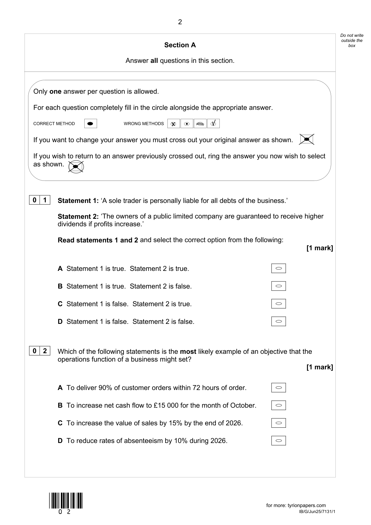 AQA AS Business  Paper 1 2025 QP