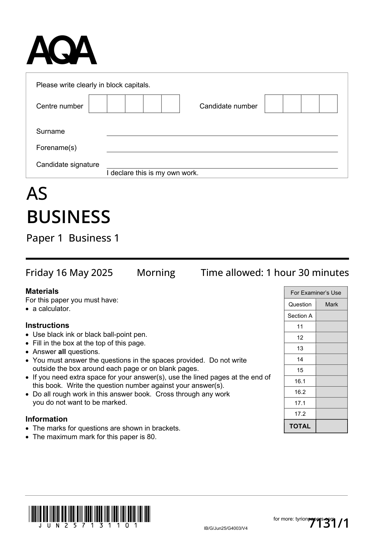 AQA AS Business  Paper 1 2025 QP