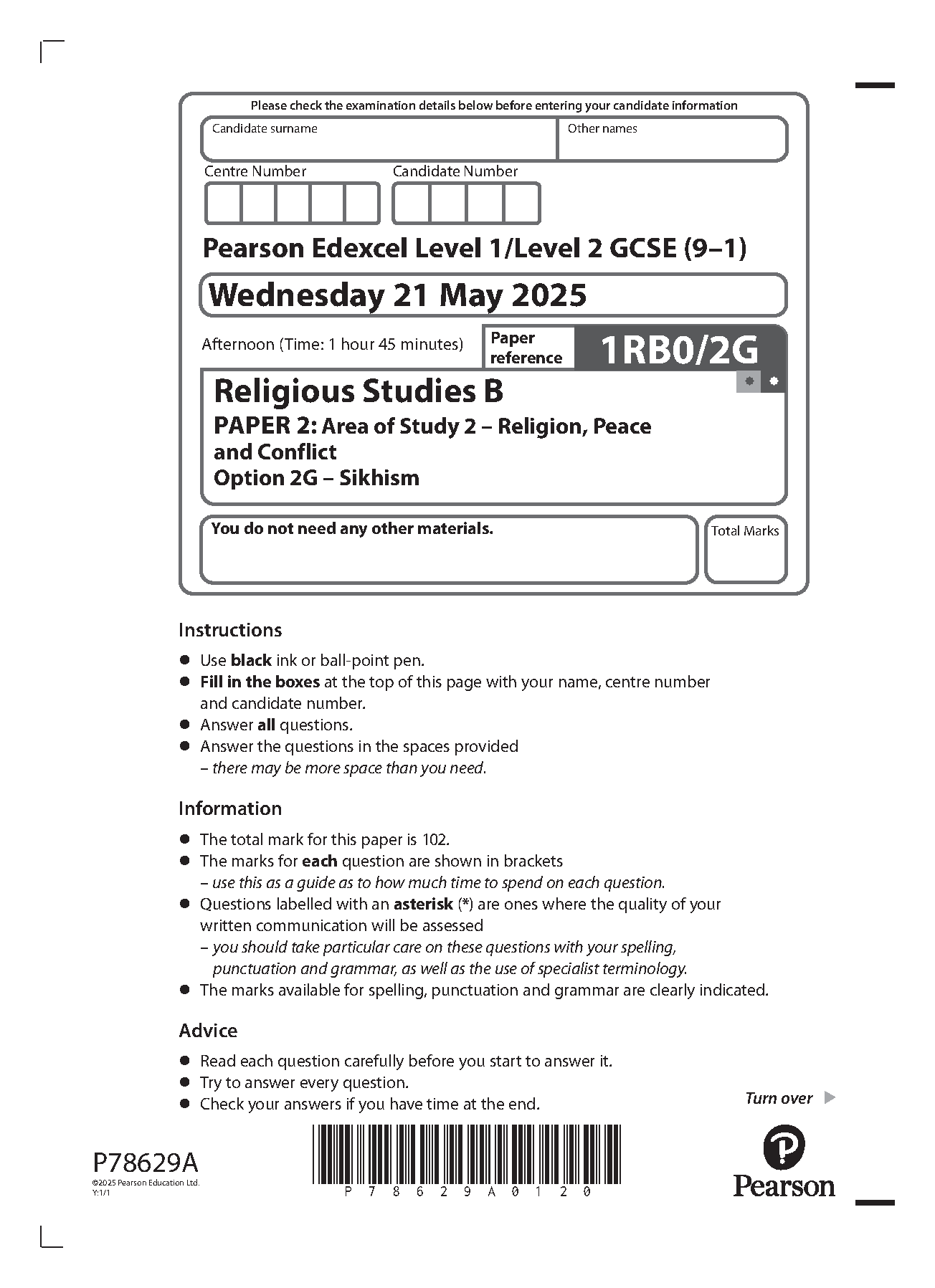 Pearson Edexcel GCSE Religious Studies Paper 2G 2025 QP IMG-1