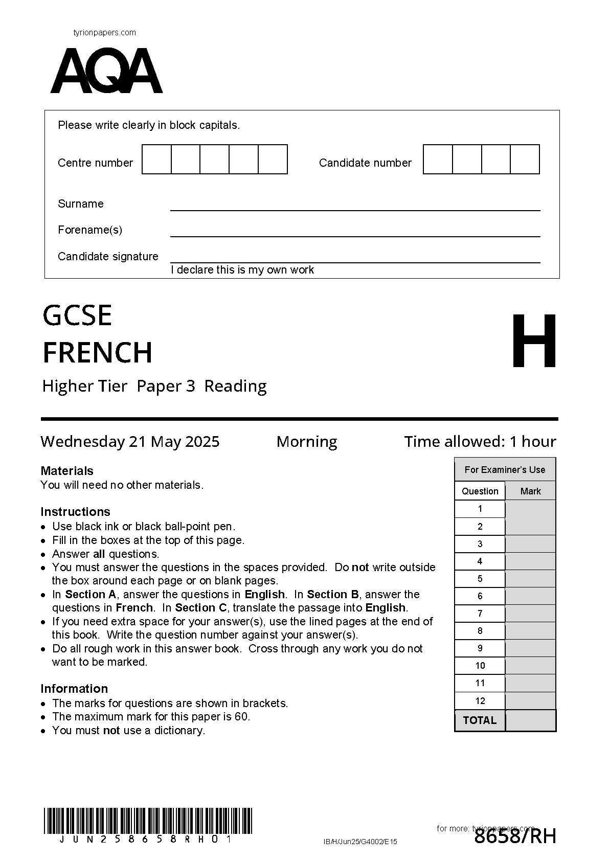 AQA GCSE French RH 2025 Reading Paper PDF IMG-1