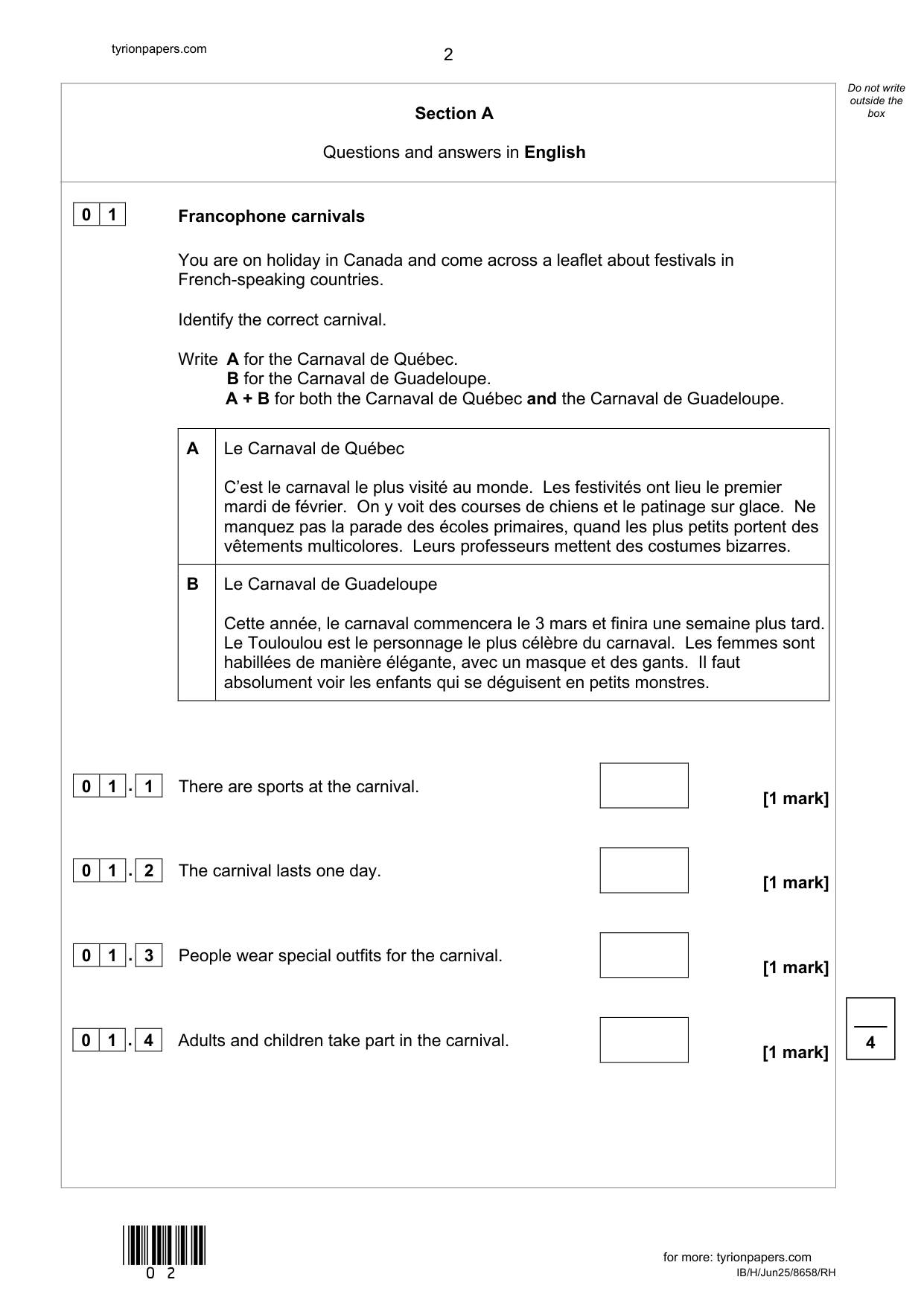 AQA GCSE French RH 2025 Reading Paper PDF