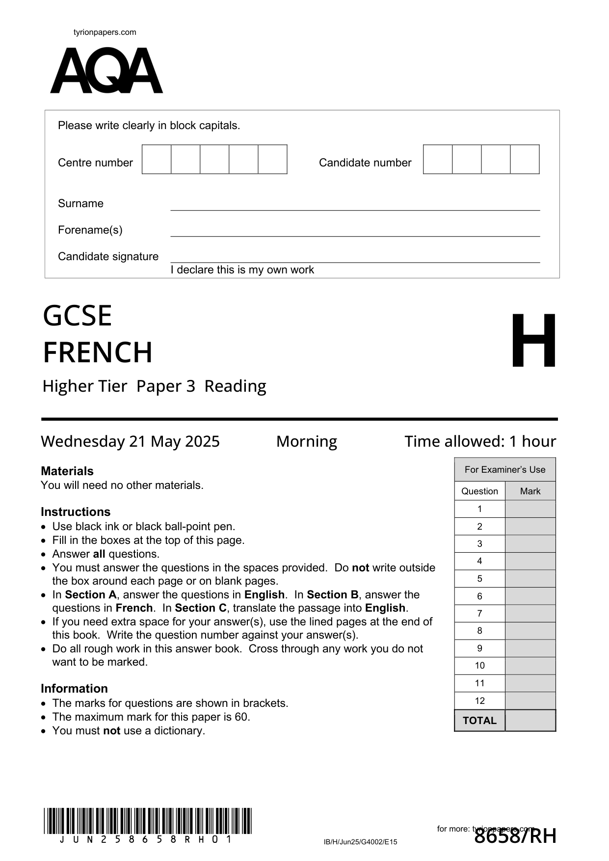 AQA GCSE French RH 2025 Reading Paper PDF