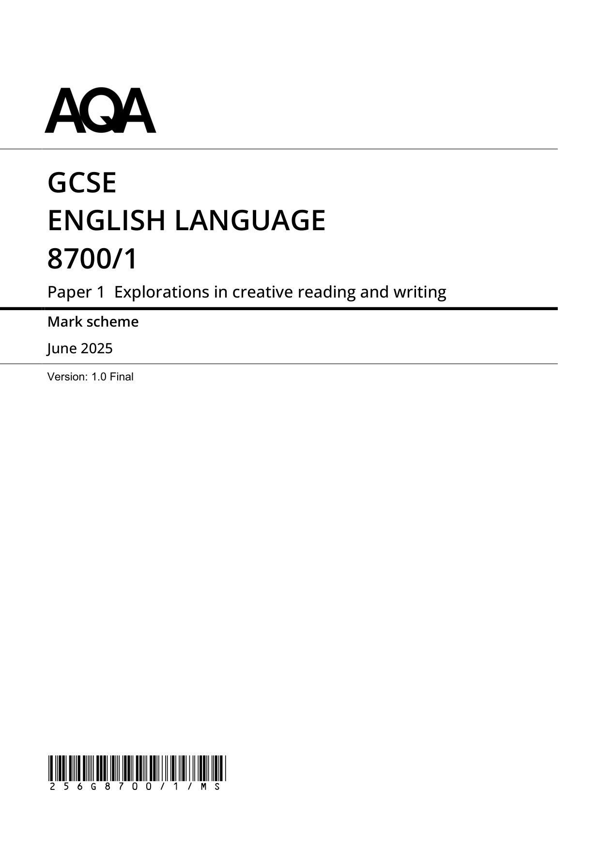 AQA GCSE English Language Paper 1 2025 Mark Scheme