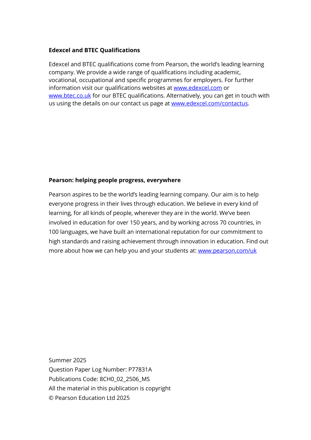 Pearson Edexcel AS Chemistry Paper 2 2025 Mark scheme