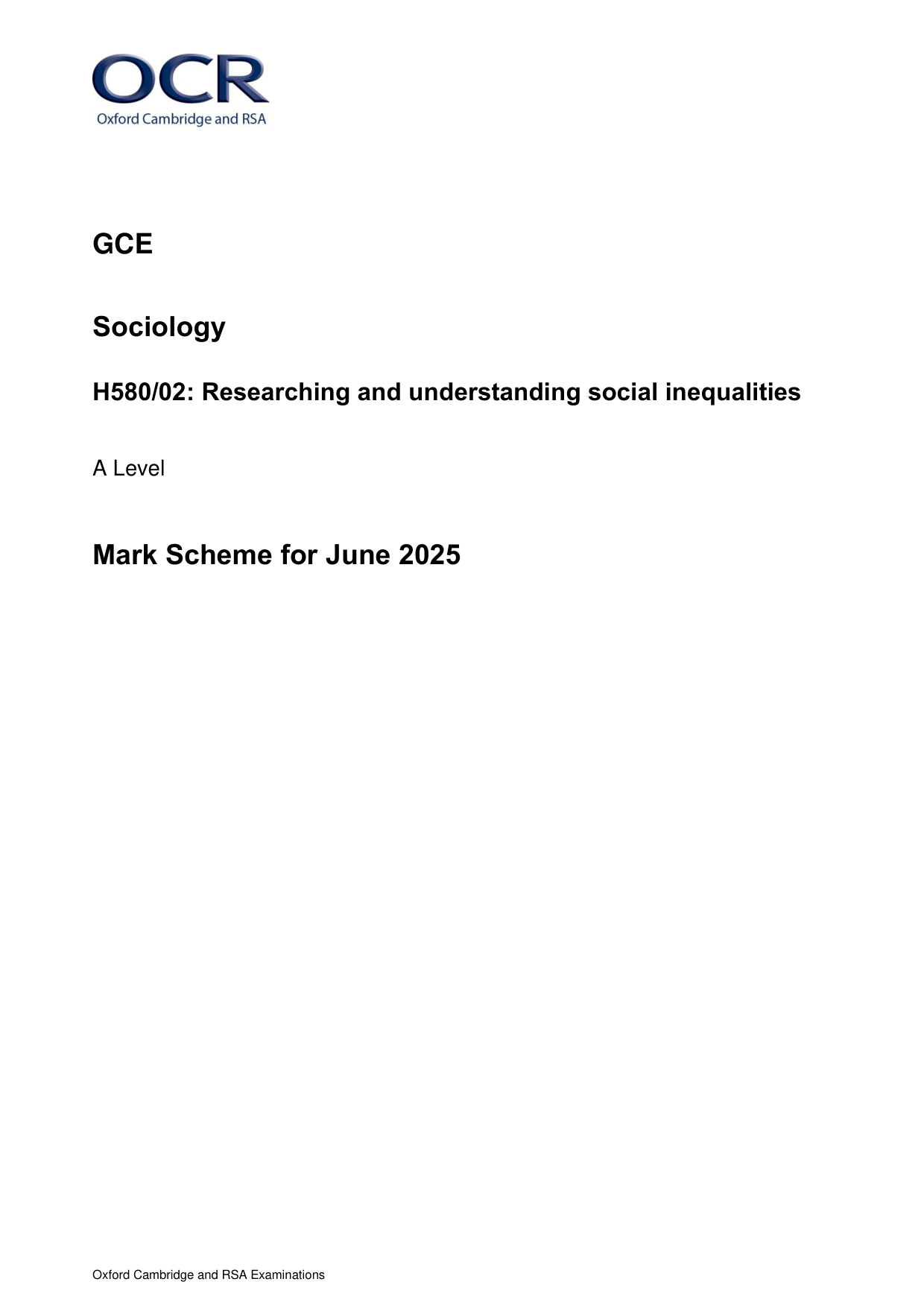 OCR A Level Sociology Paper 2 2025 Mark Scheme