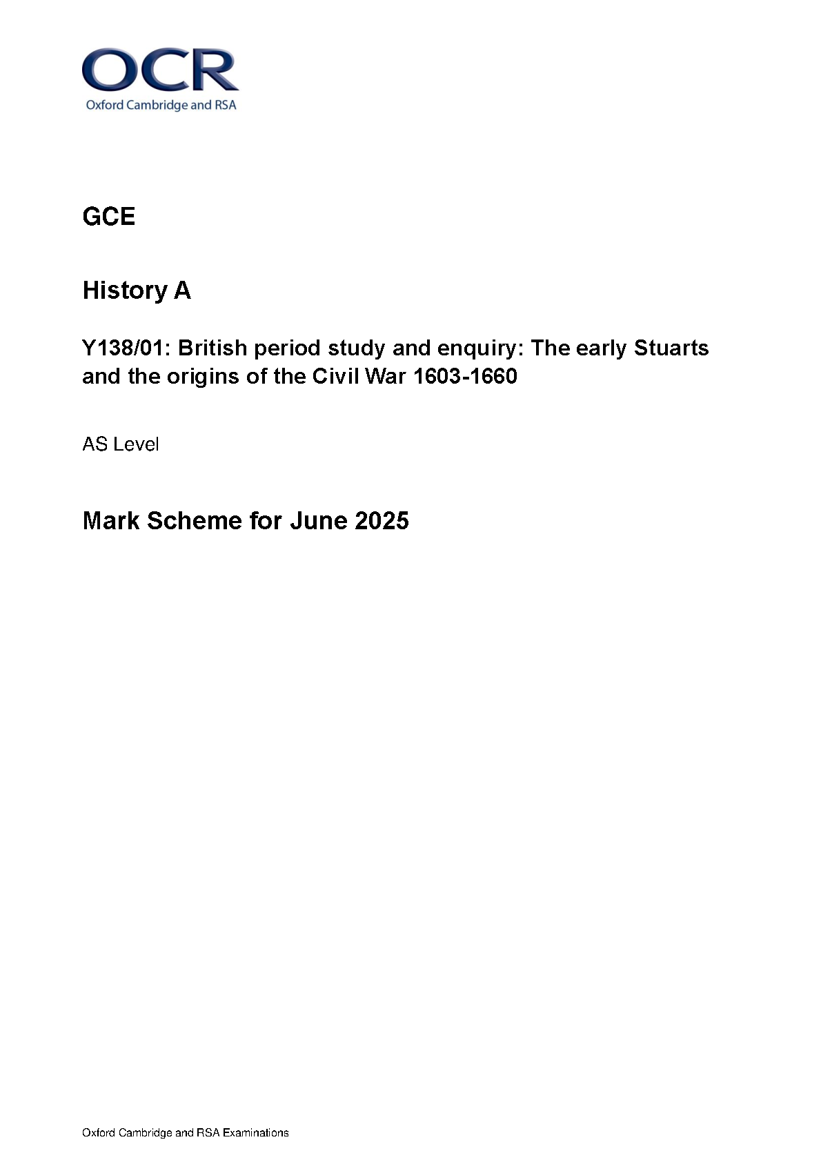 OCR AS Level History A Early Stuarts 2025 Mark Scheme