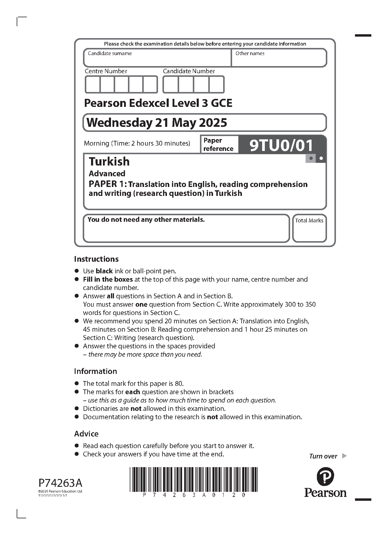 Pearson Edexcel A Level Turkish Paper 1 2025 Question Paper IMG-1
