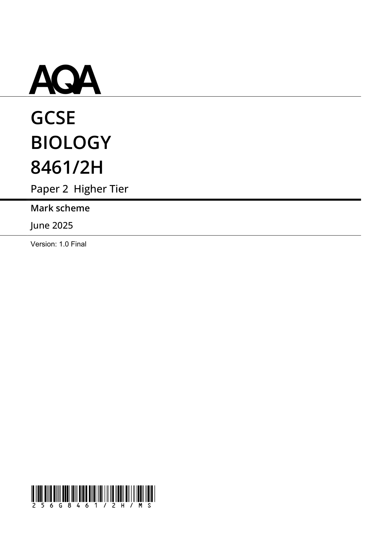 AQA GCSE Biology Paper 2 2025 Mark Scheme