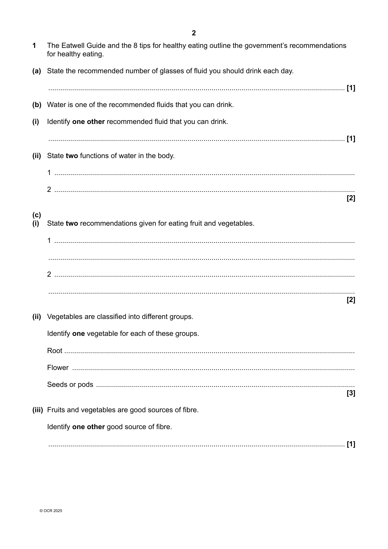 OCR GCSE Food Preparation Paper 1 2025 Question Paper