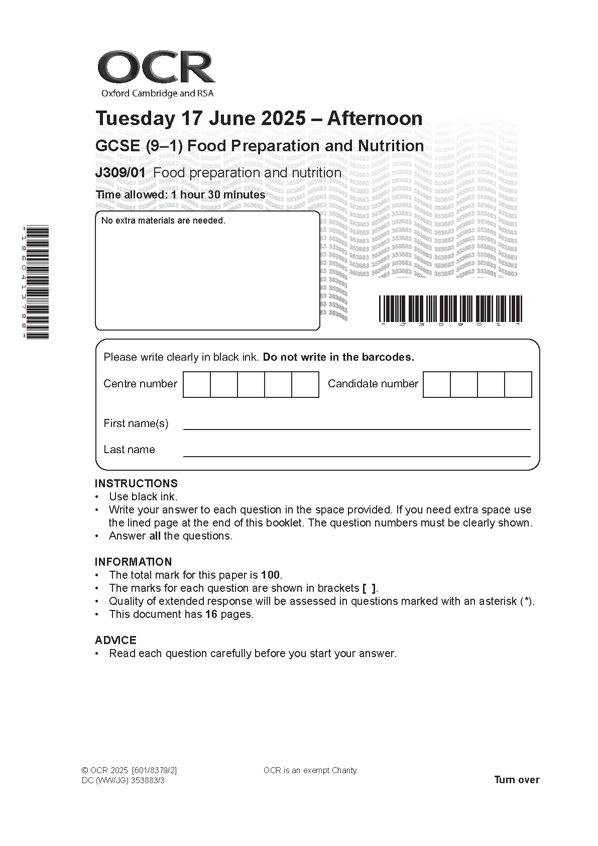 OCR GCSE Food Preparation Paper 1 2025 Question Paper