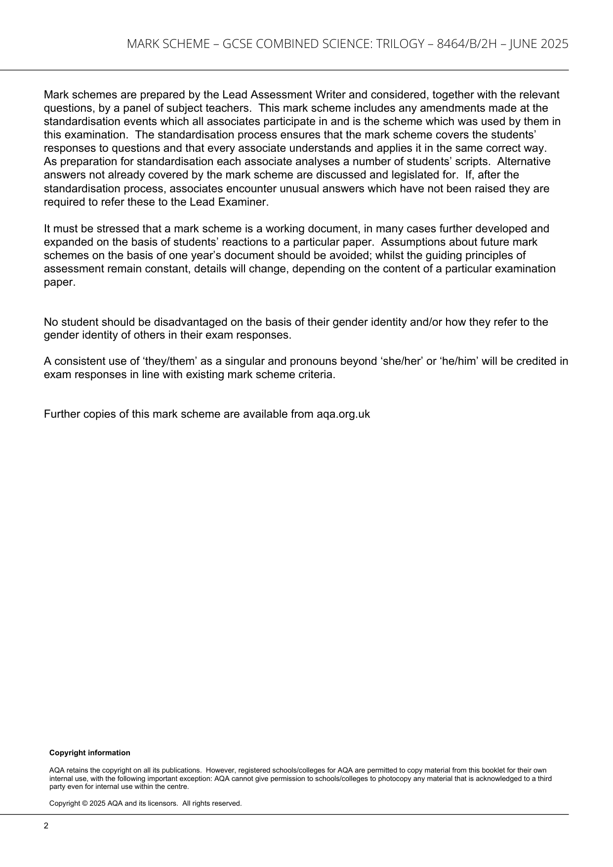 AQA GCSE Trilogy Biology 2H 2025 Mark Scheme PDF