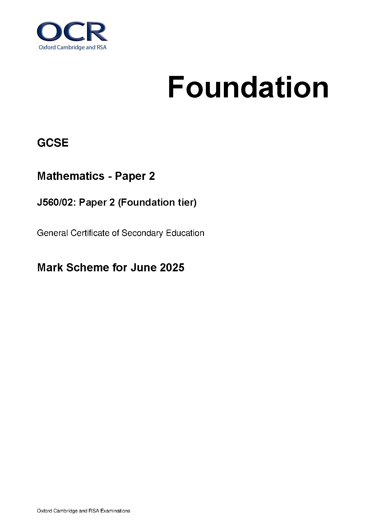 OCR GCSE Maths Paper 2 2025 Mark Scheme PDF