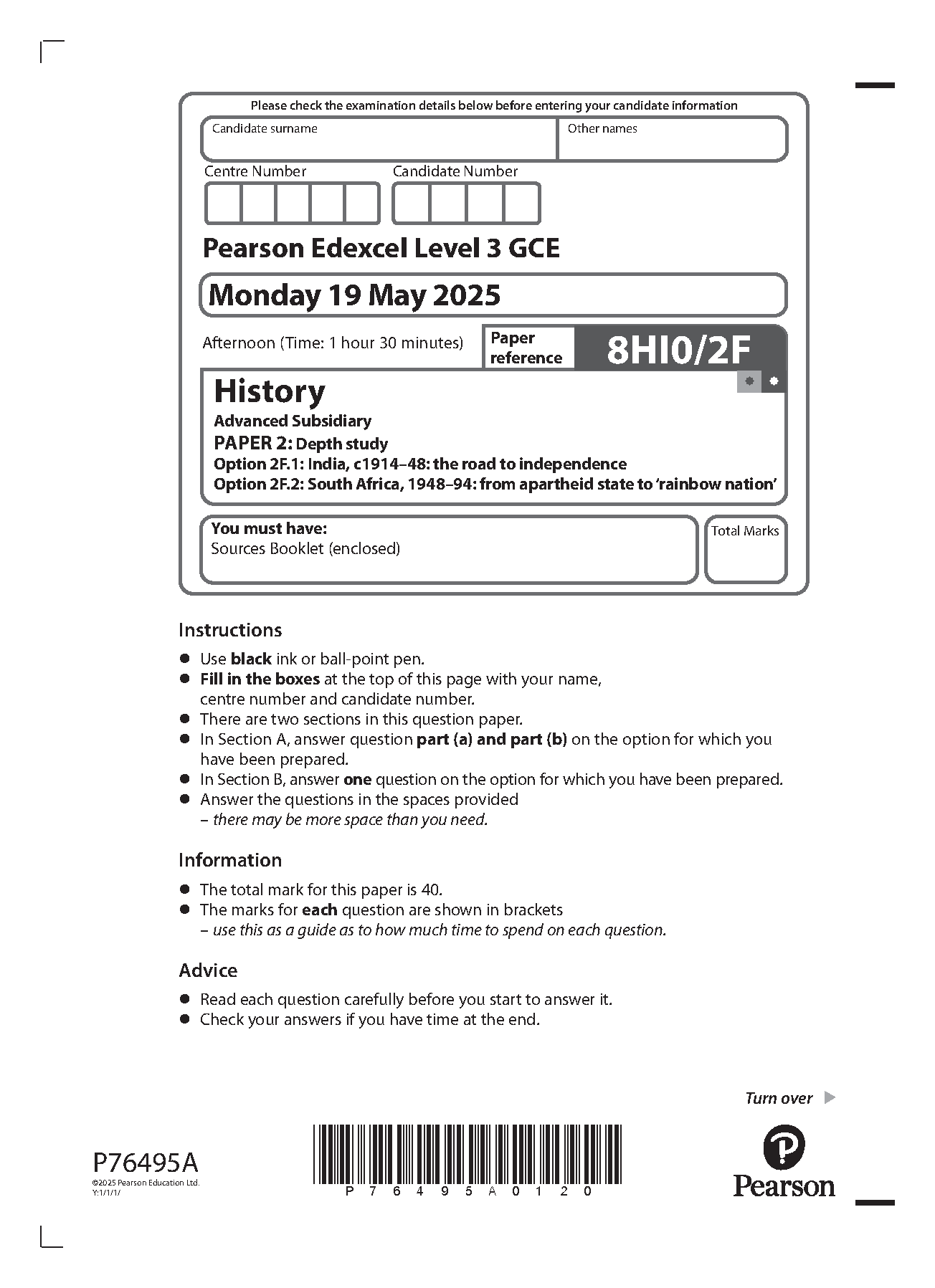 Pearson Edexcel AS History Paper 2F 2025 Question Paper PDF