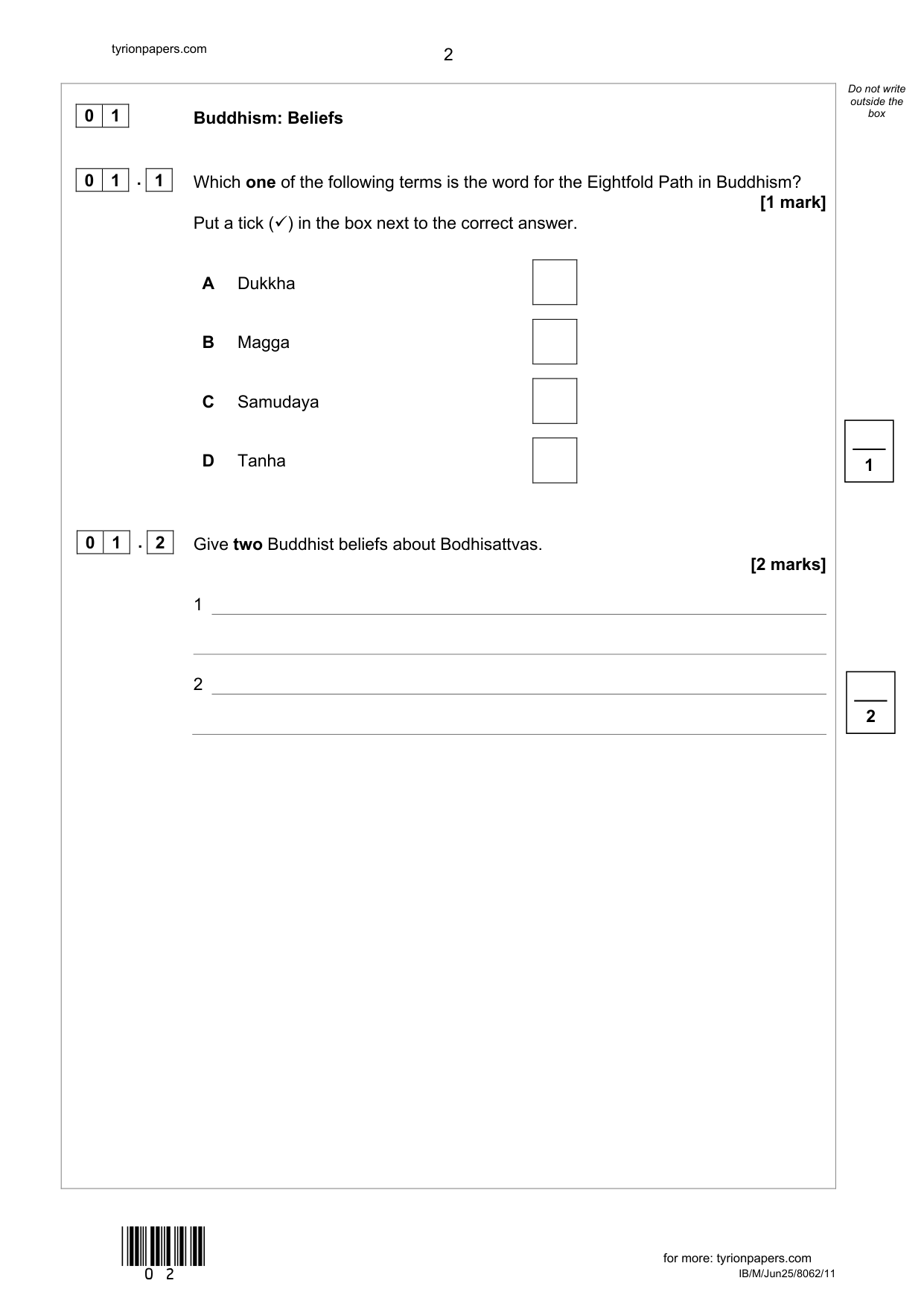 AQA GCSE Religious Studies A Paper 1 Buddism 2025 QP