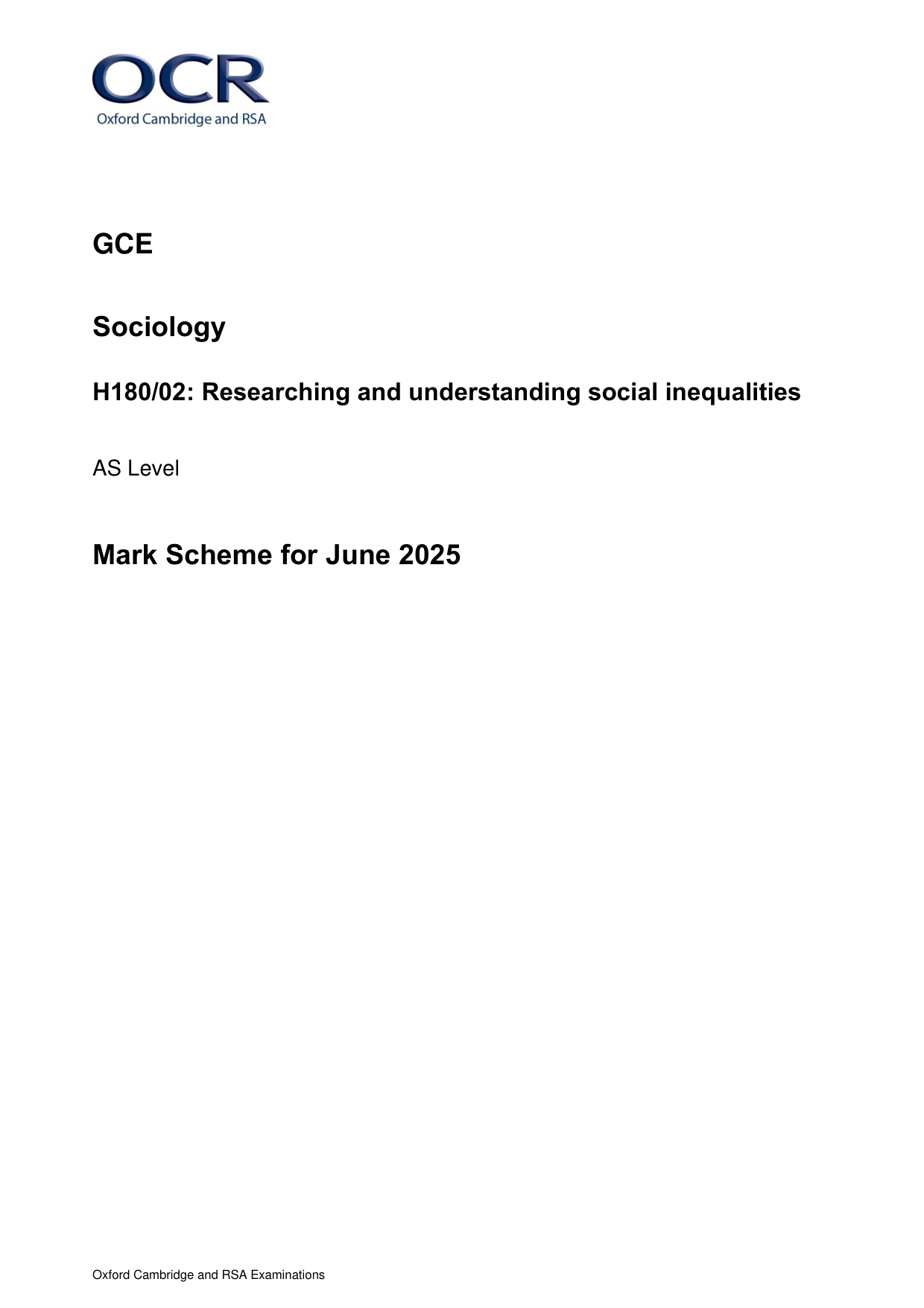 OCR AS Sociology Paper 2 2025 Mark Scheme PDF
