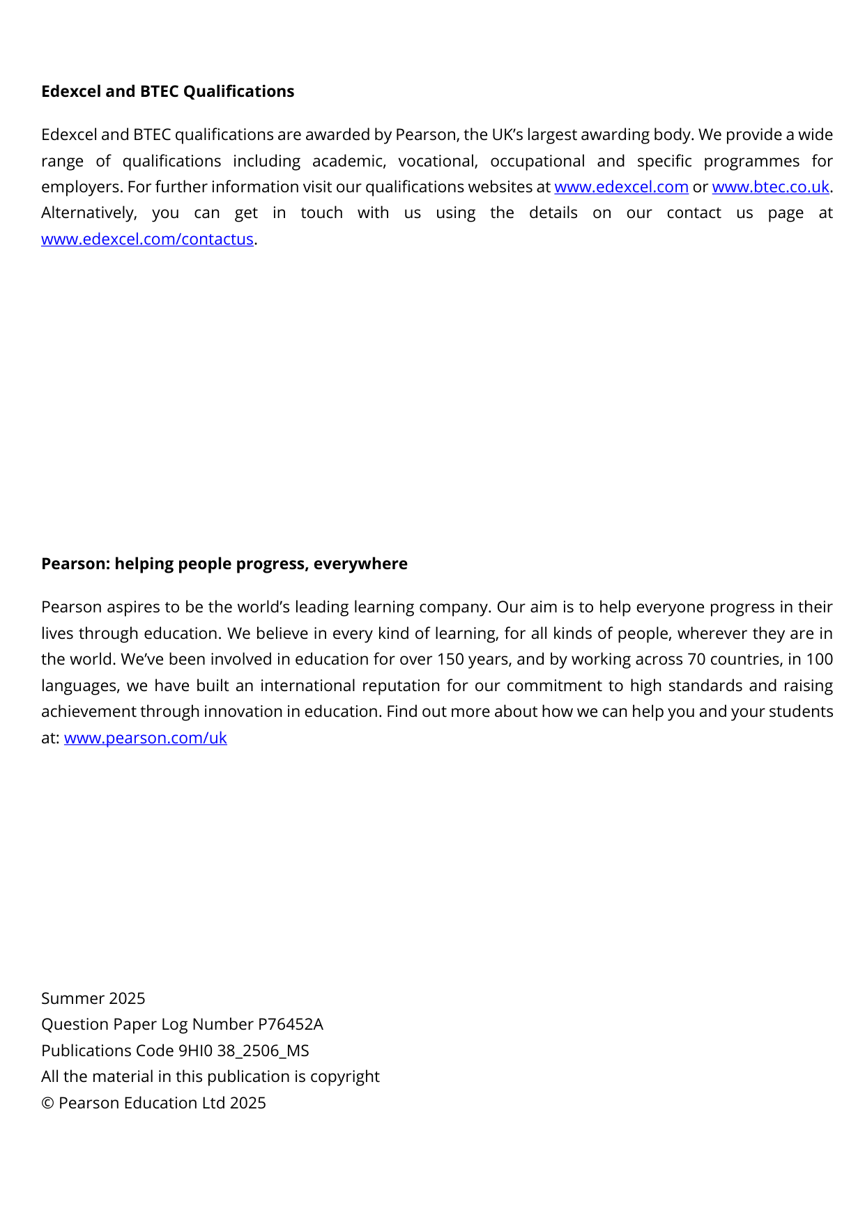 Pearson Edexcel A Level History Paper 38 2025 Mark Scheme