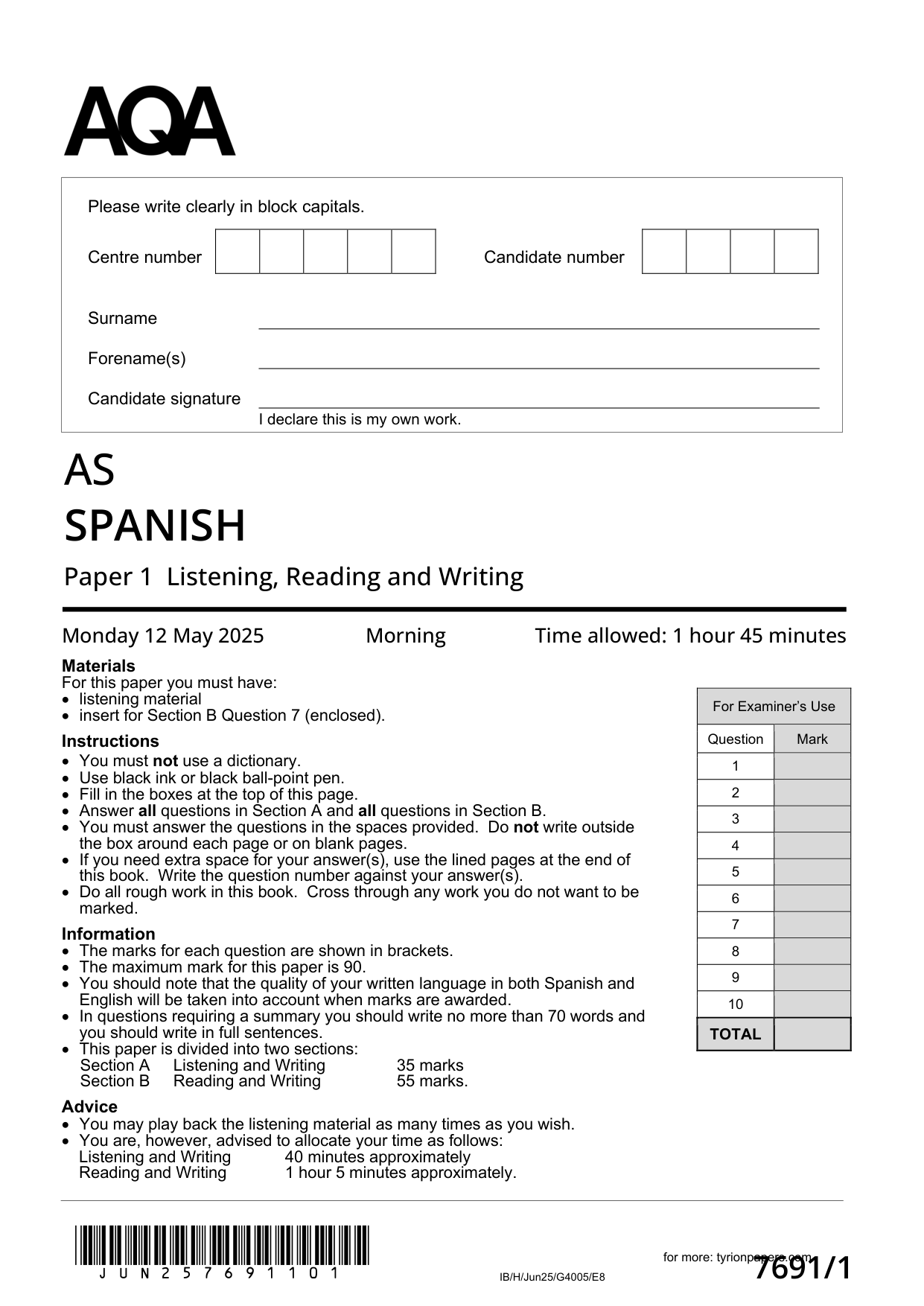 AQA AS Spanish Paper 1 2025 Question Paper