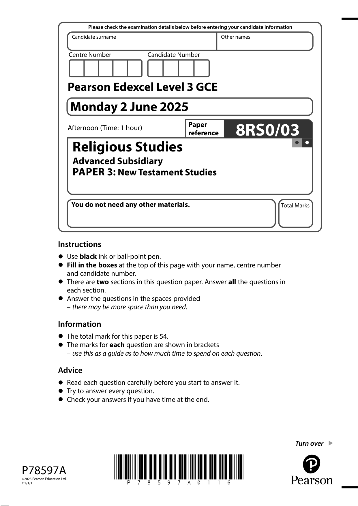 Pearson Edexcel AS Religious Studies Paper 3 2025 QP