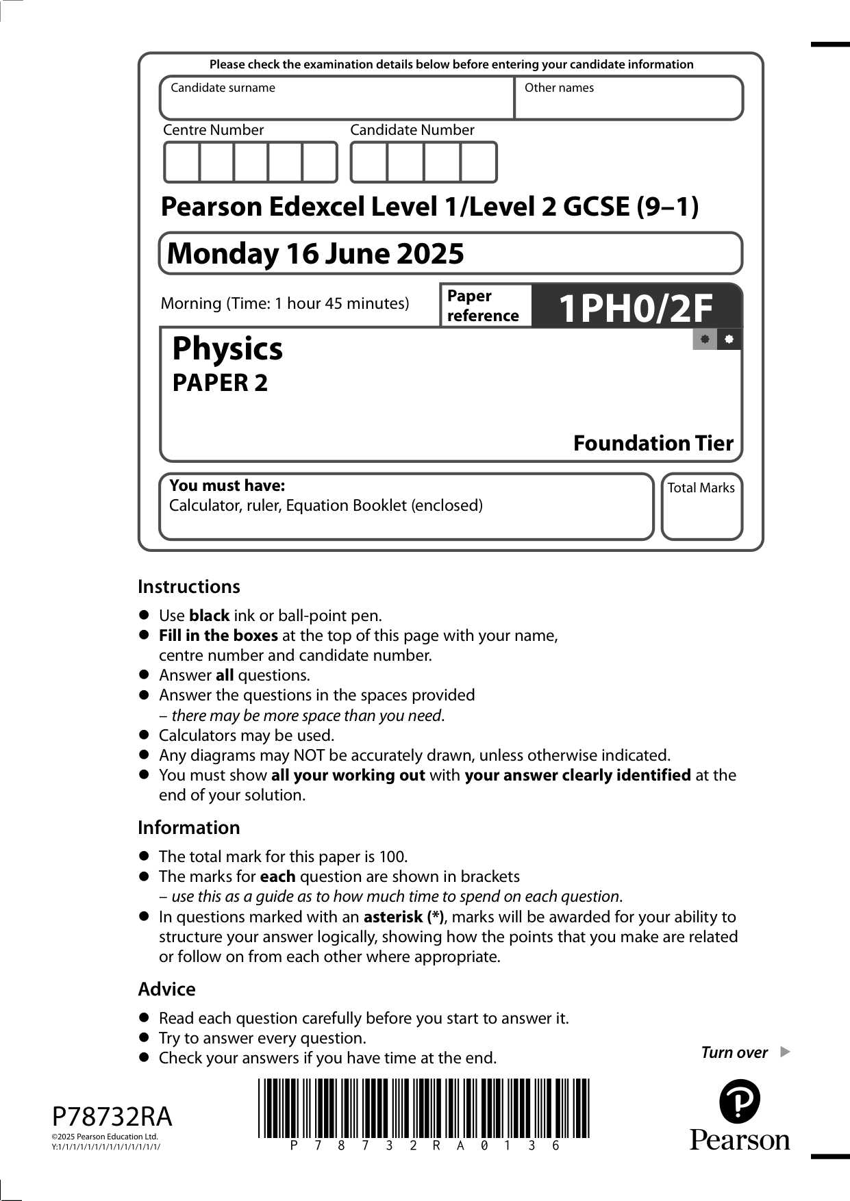 Pearson Edexcel GCSE Physics Paper 2F  2025 Question Paper