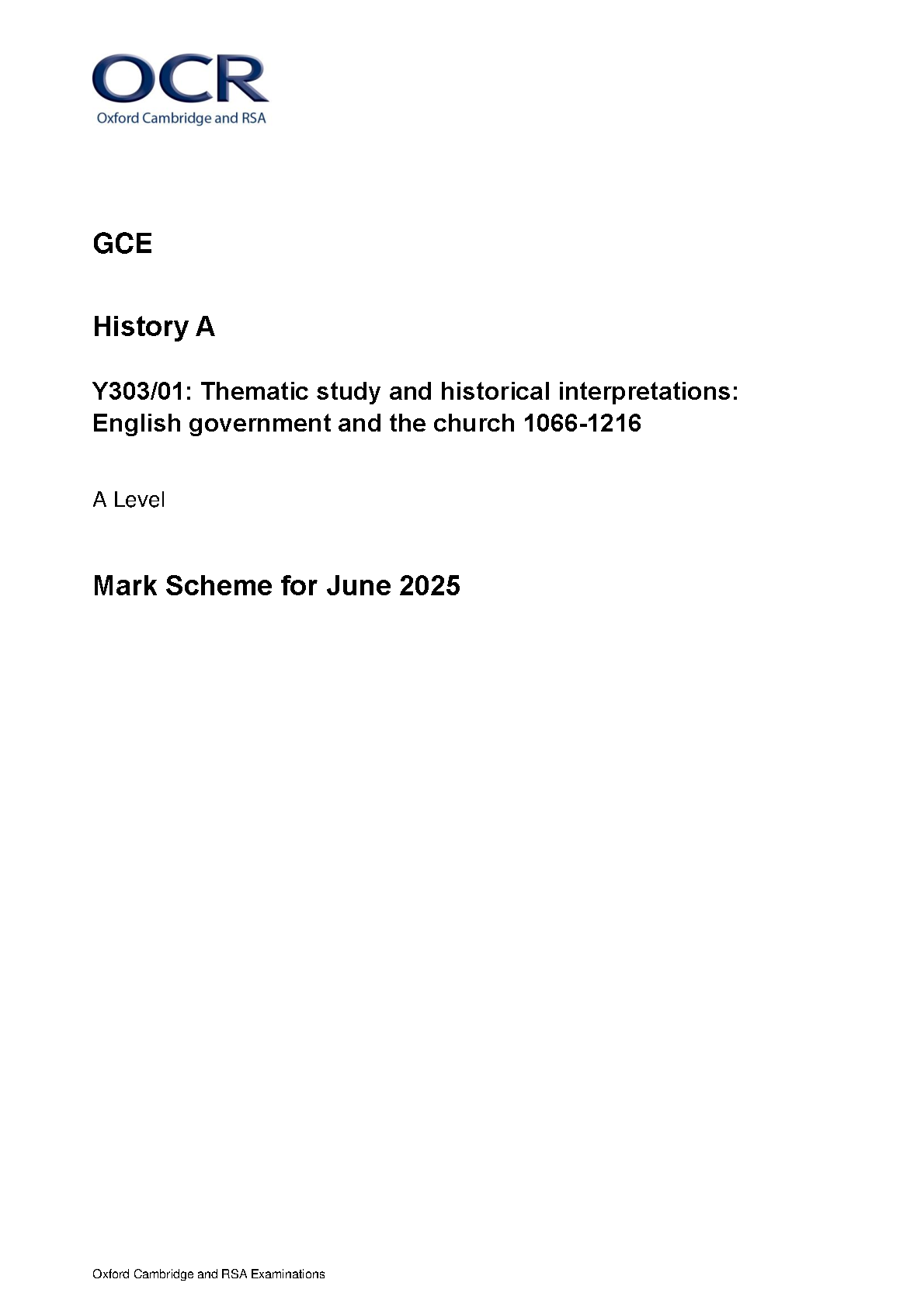 OCR A Level History A English Government Church 2025 Ms