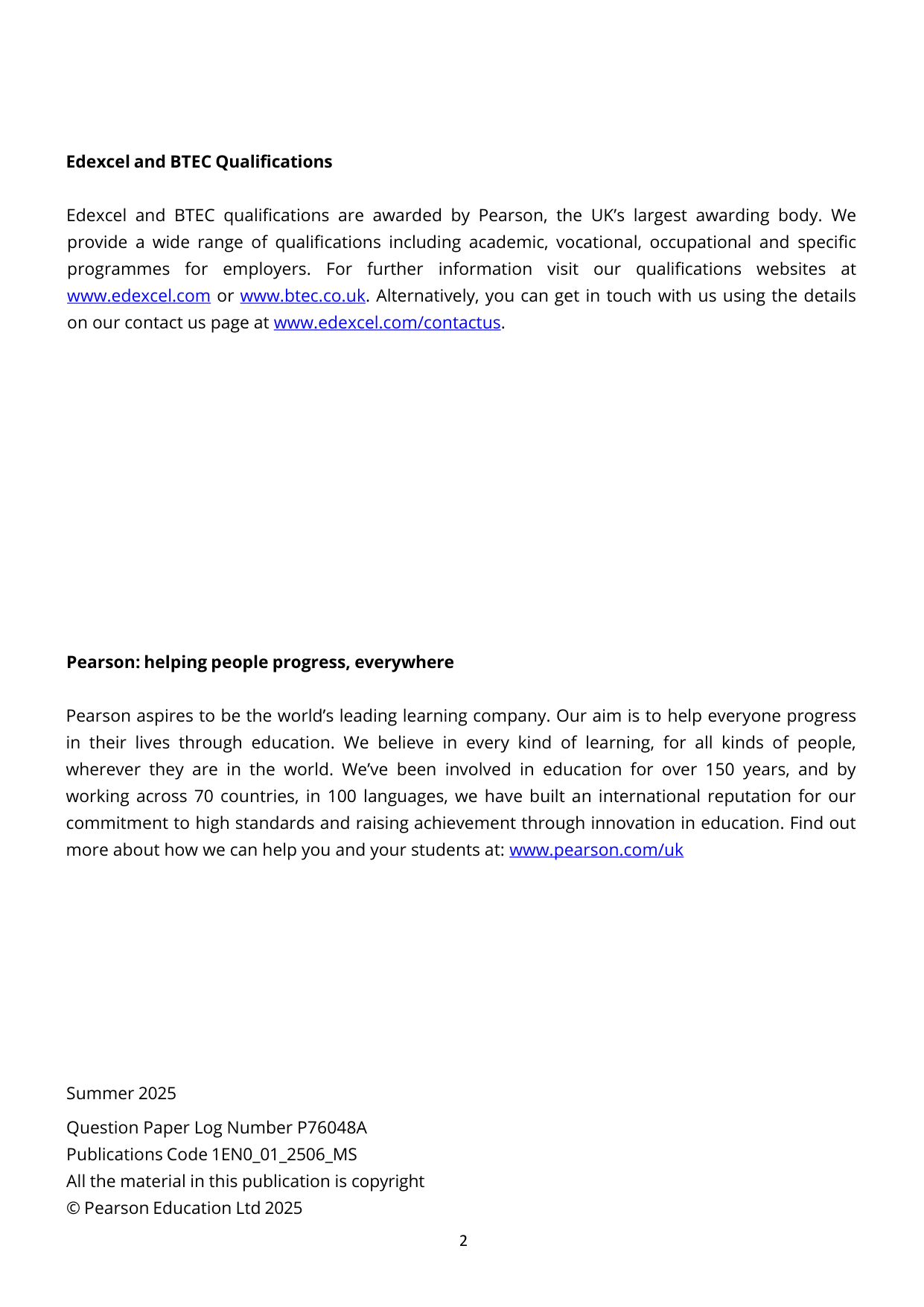 Pearson Edexcel GCSE English Language Paper 1 2025 MS PDF
